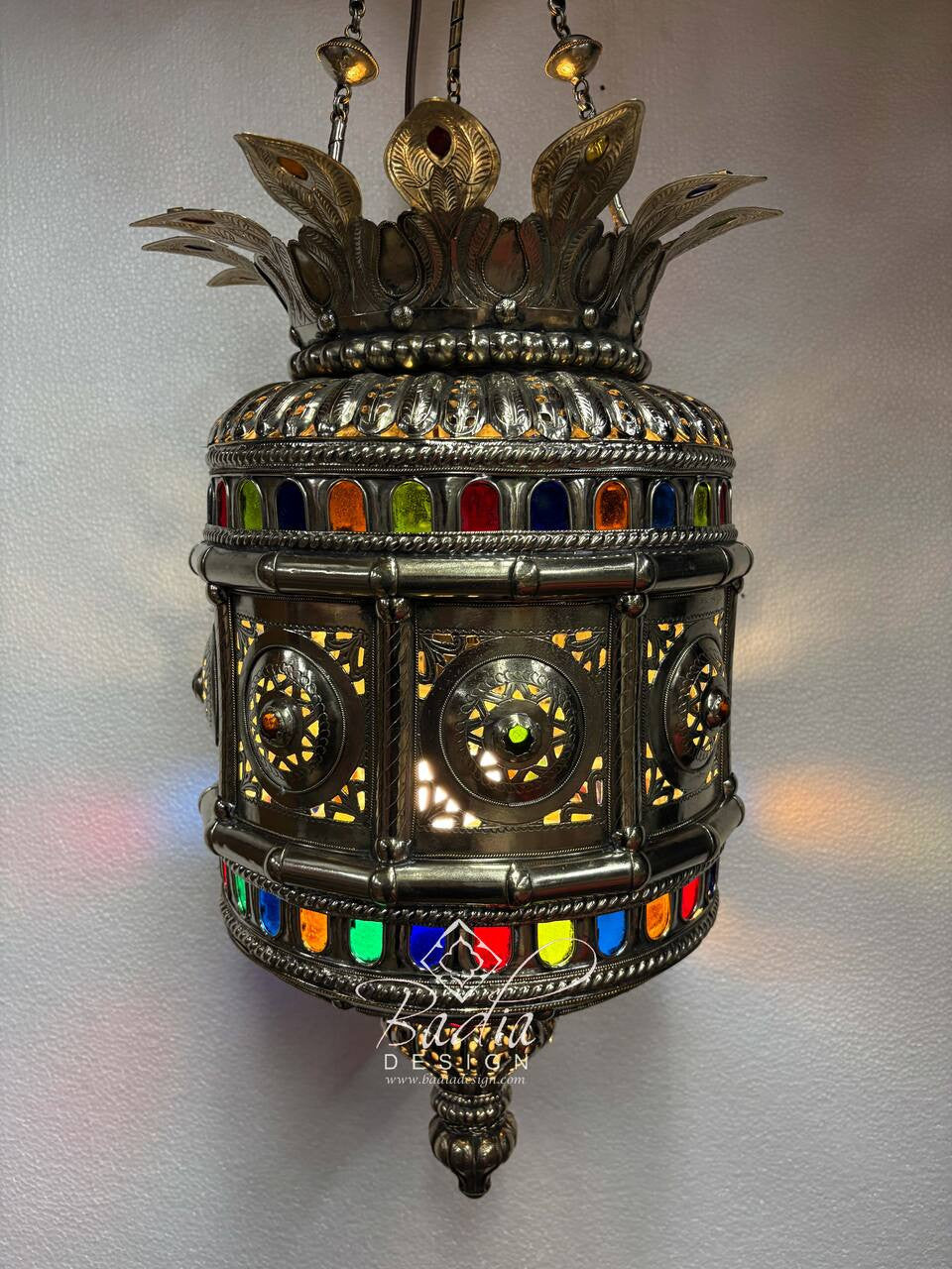 Intricately Designed Silver Chandelier with Multi-Color Glass Eyelets