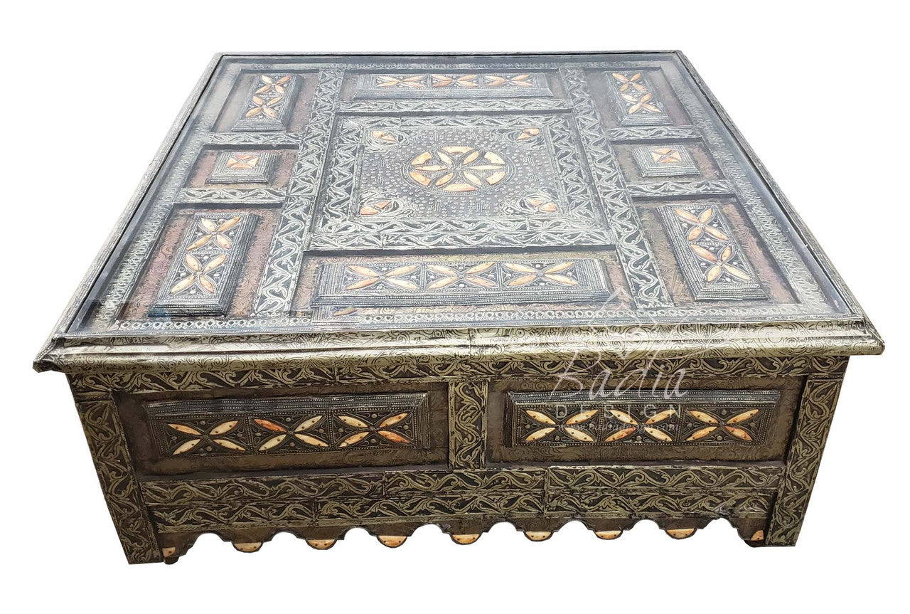 Square Metal and Bone Table with Glass Top