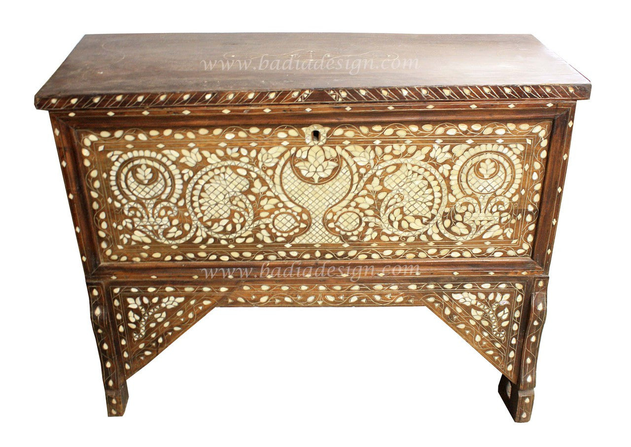 Moroccan Hand Carved Bone Inlay Cedar Wood Trunk