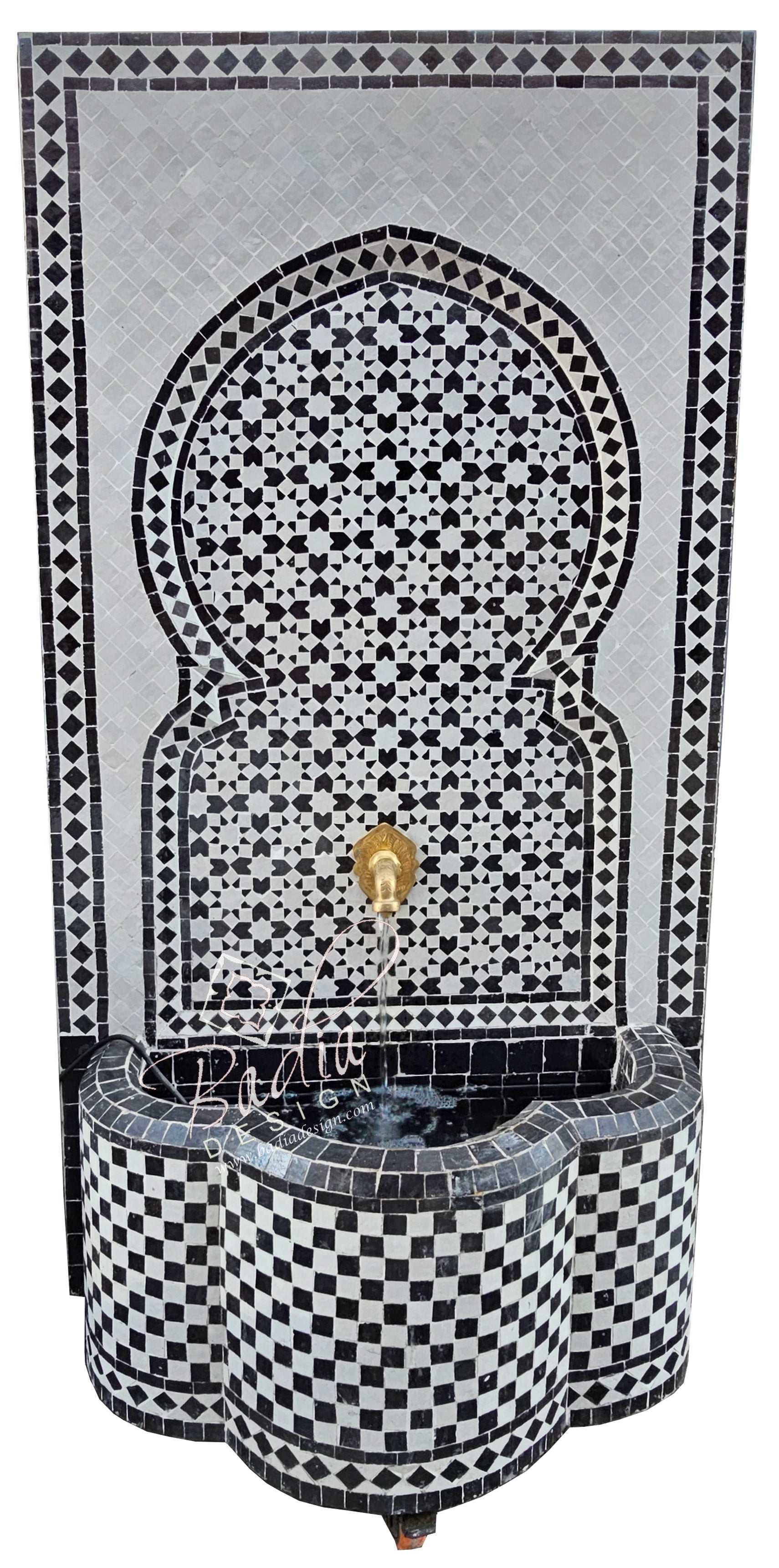 Tall Black and White Mosaic Water Fountain
