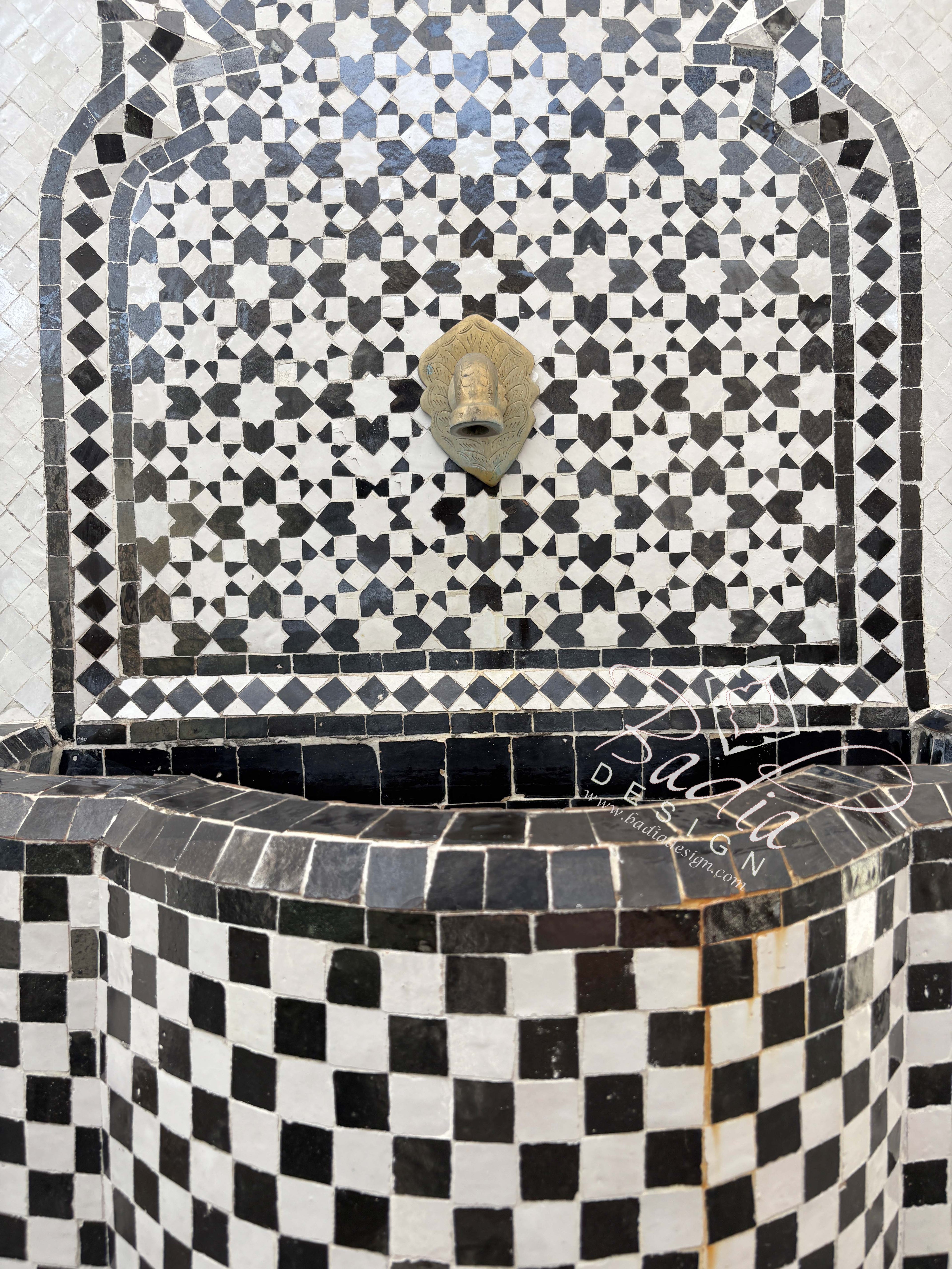 Tall Black and White Mosaic Water Fountain