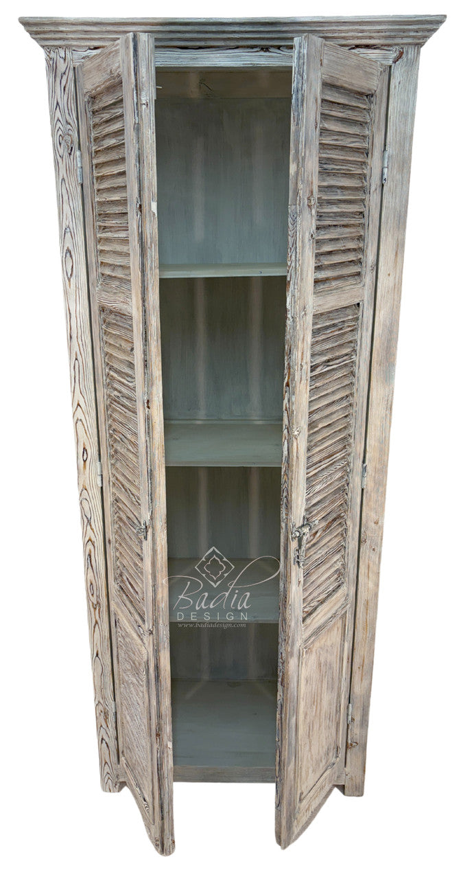 Hand Carved Moroccan Whitewashed Cedar Cabinet