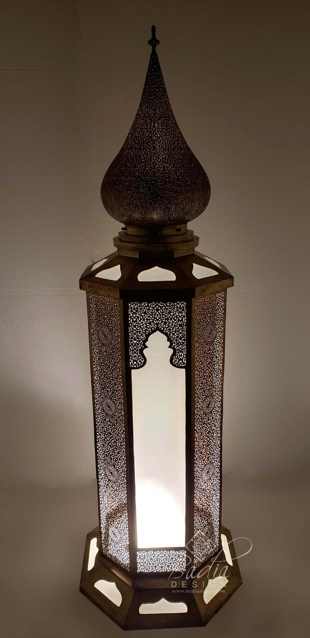 Tall Brass Floor Lantern with White Glass