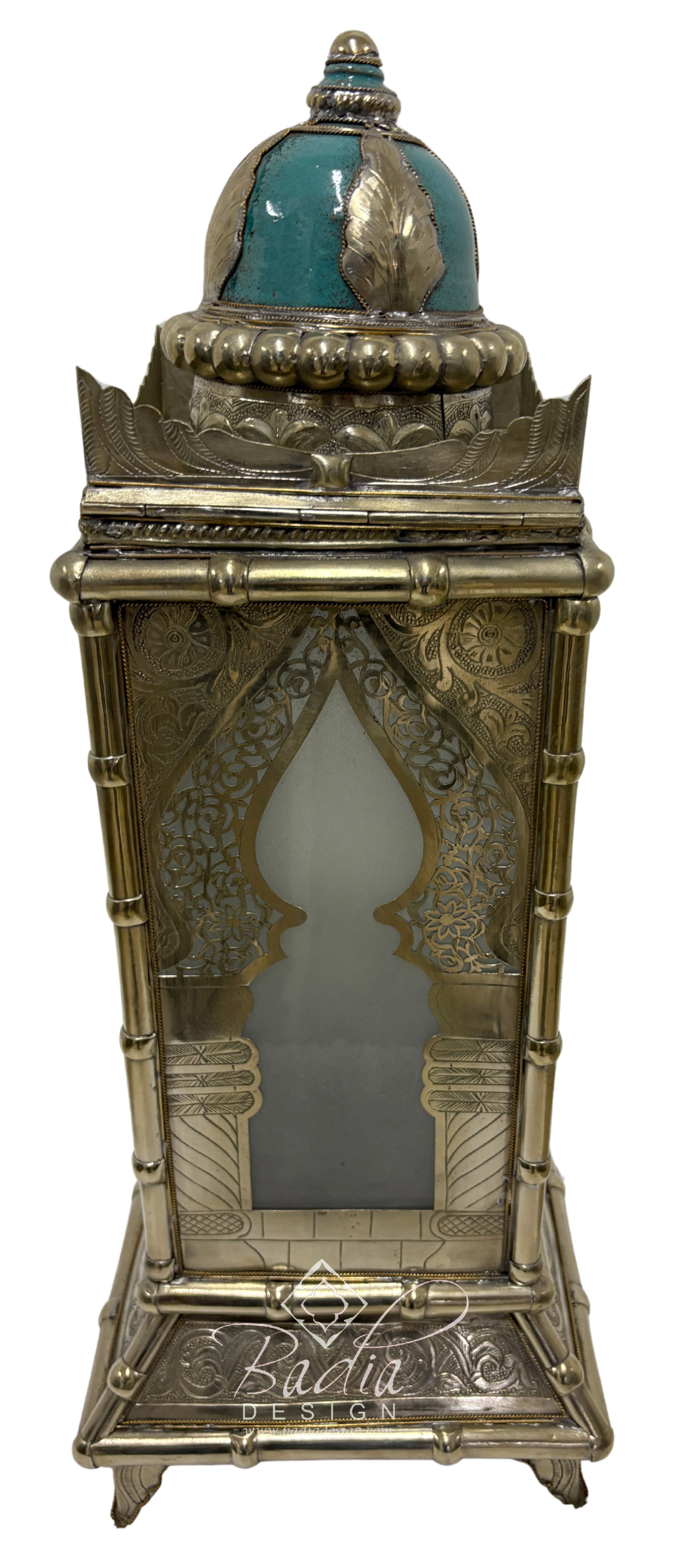 Tall Brass Floor Lantern with Teal Ceramic Decor