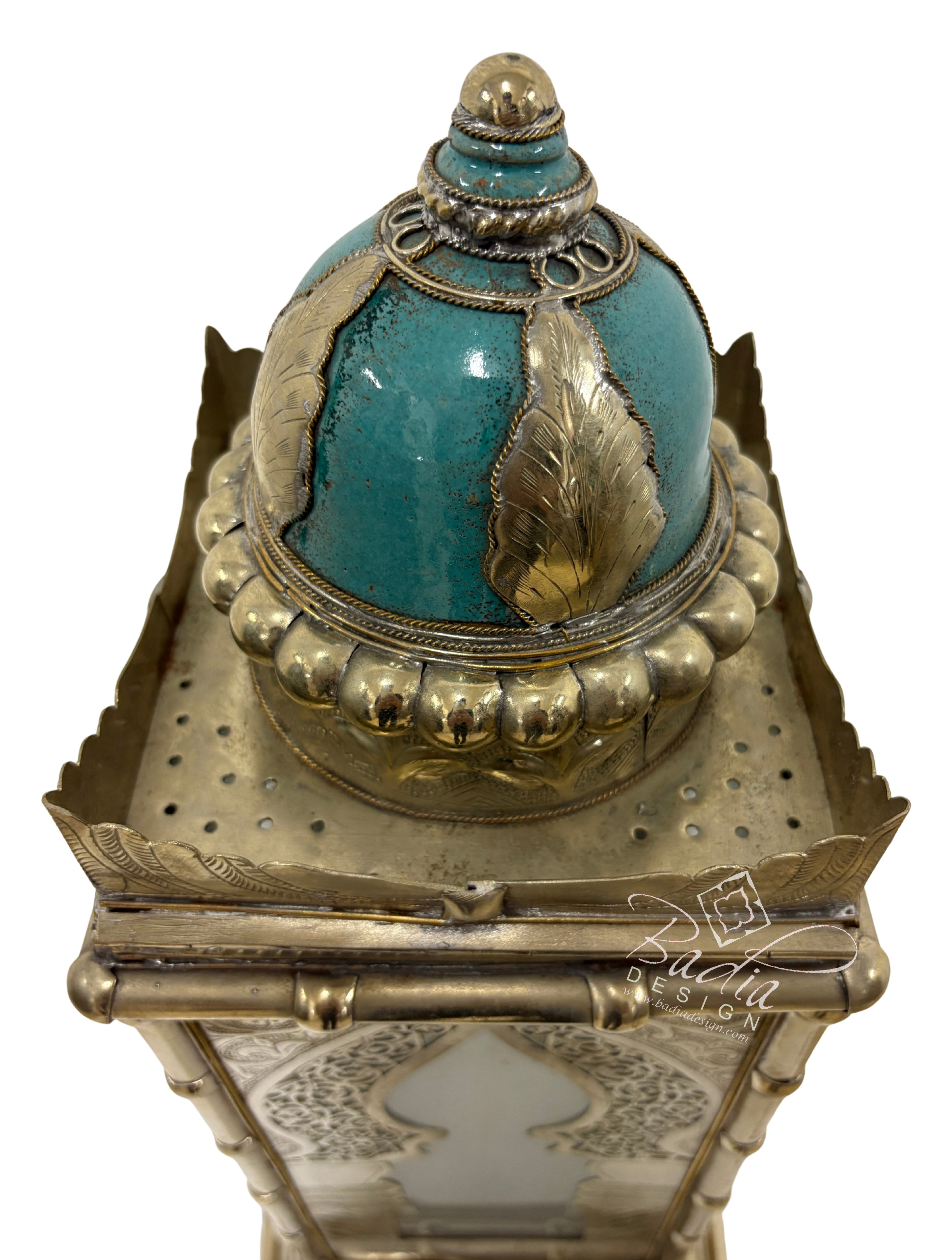 Tall Brass Floor Lantern with Teal Ceramic Decor