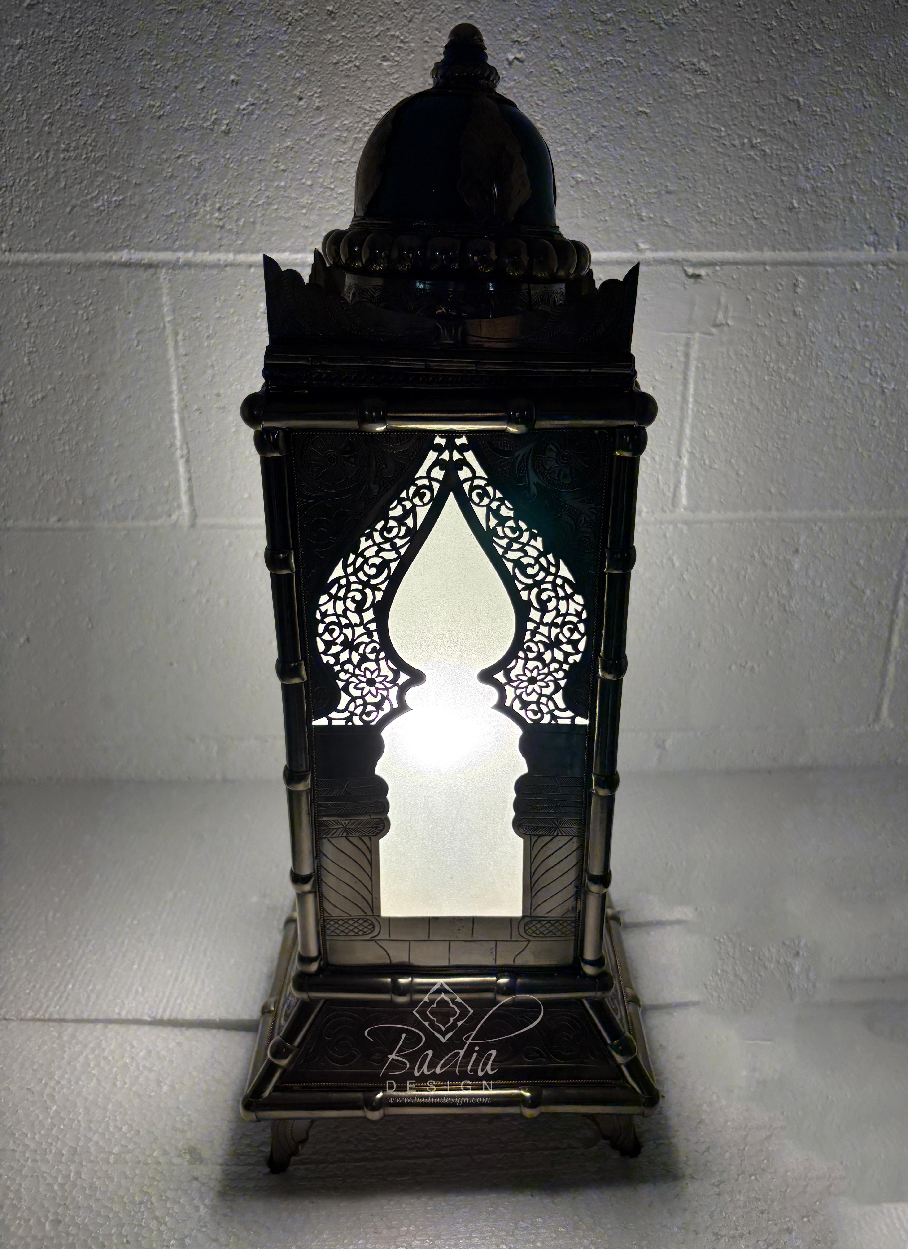 Tall Brass Floor Lantern with Teal Ceramic Decor