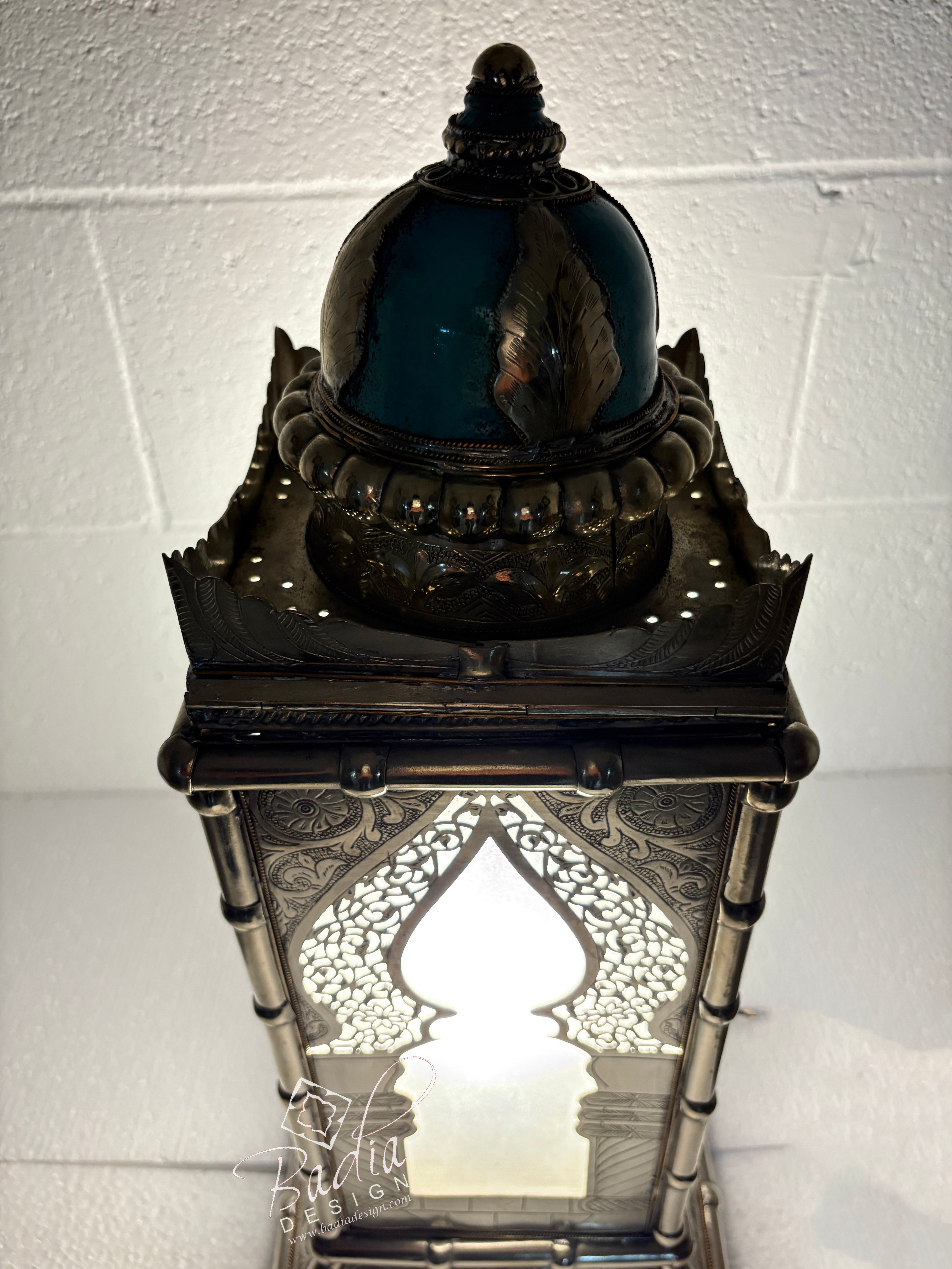 Tall Brass Floor Lantern with Teal Ceramic Decor