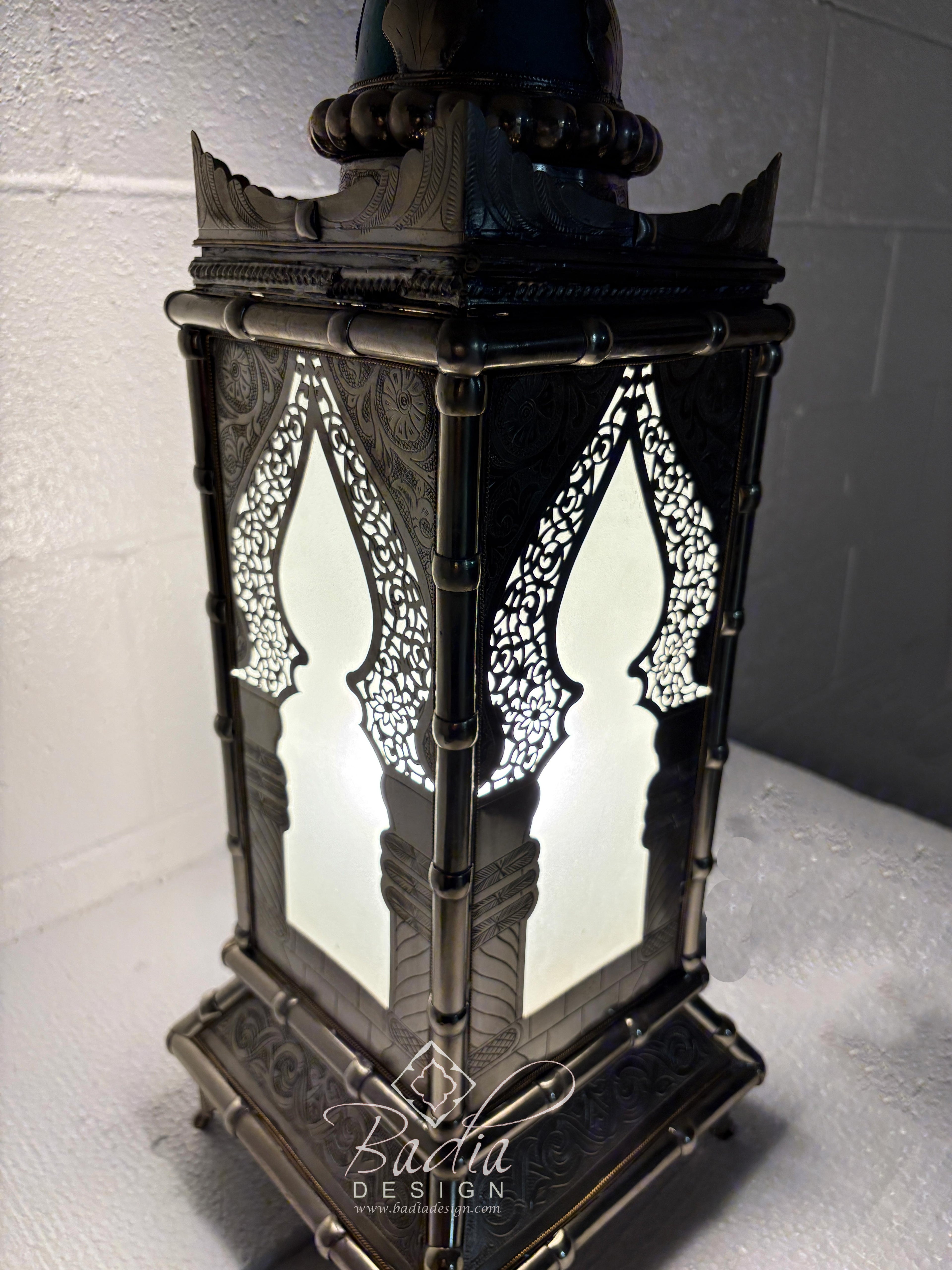 Tall Brass Floor Lantern with Teal Ceramic Decor