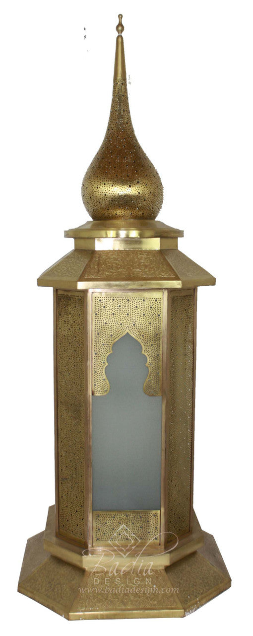 Tall Brass Floor Lantern with Frosted White Glass