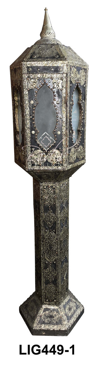 Tall Embossed Metal and Leather Floor Lantern