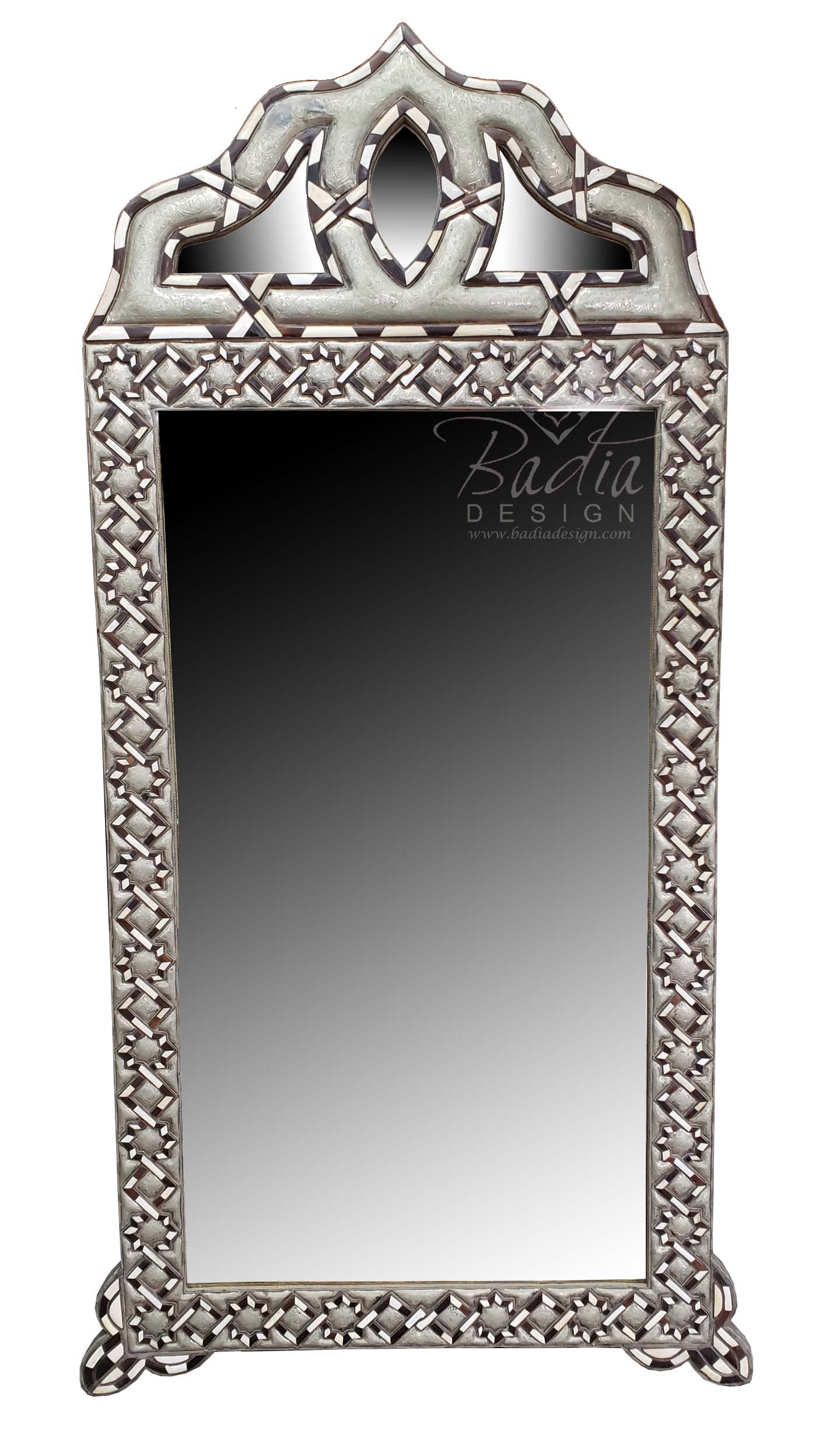 Tall Arch Embossed Metal and Bone Inlay Mirror