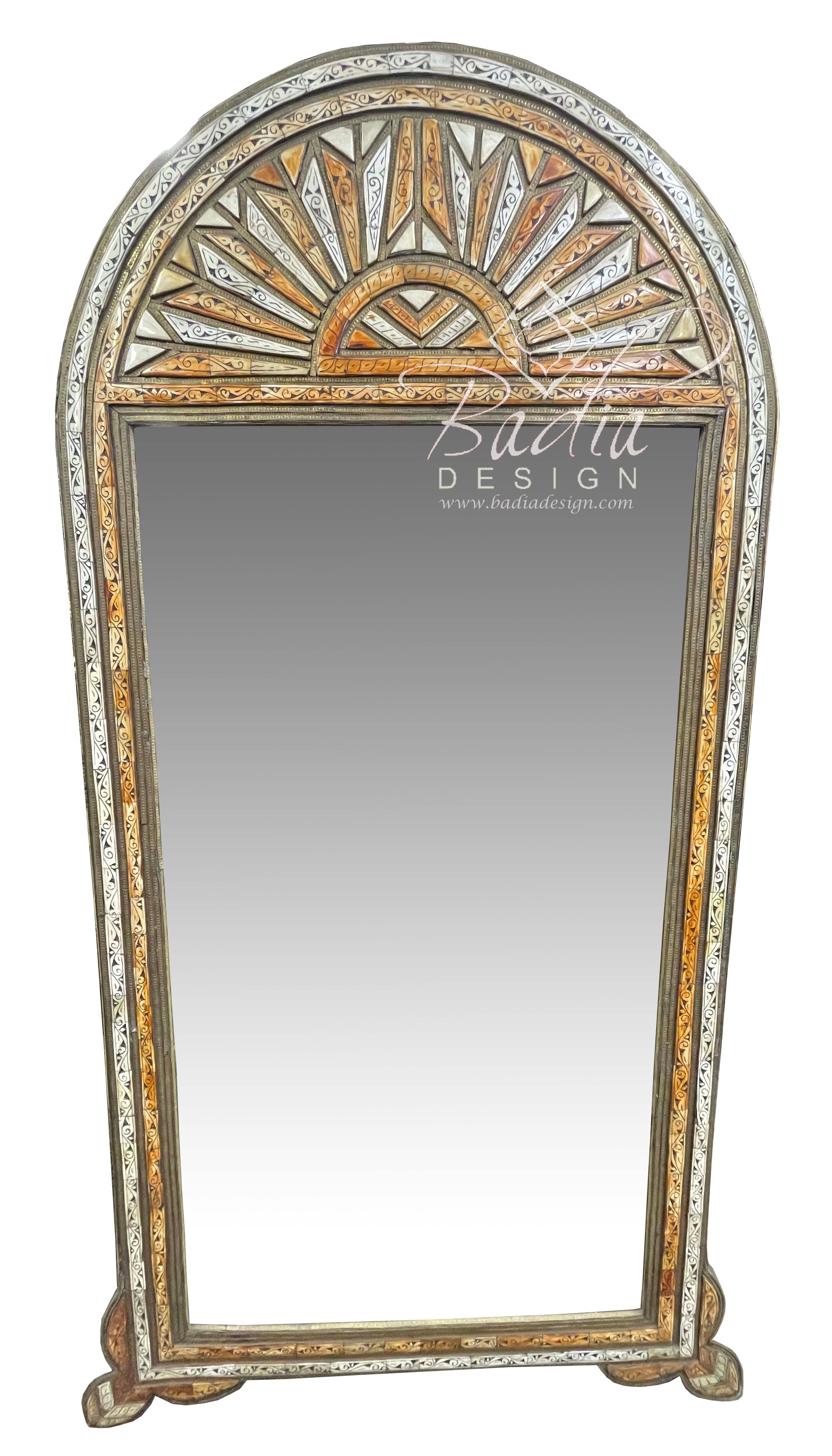 Tall Arch Embossed Metal and Bone Inlay Mirror