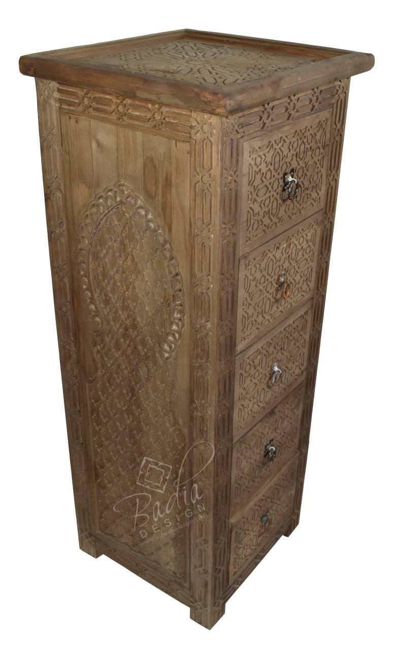 Tall Stained Hand Carved Cedar Wood Cabinet