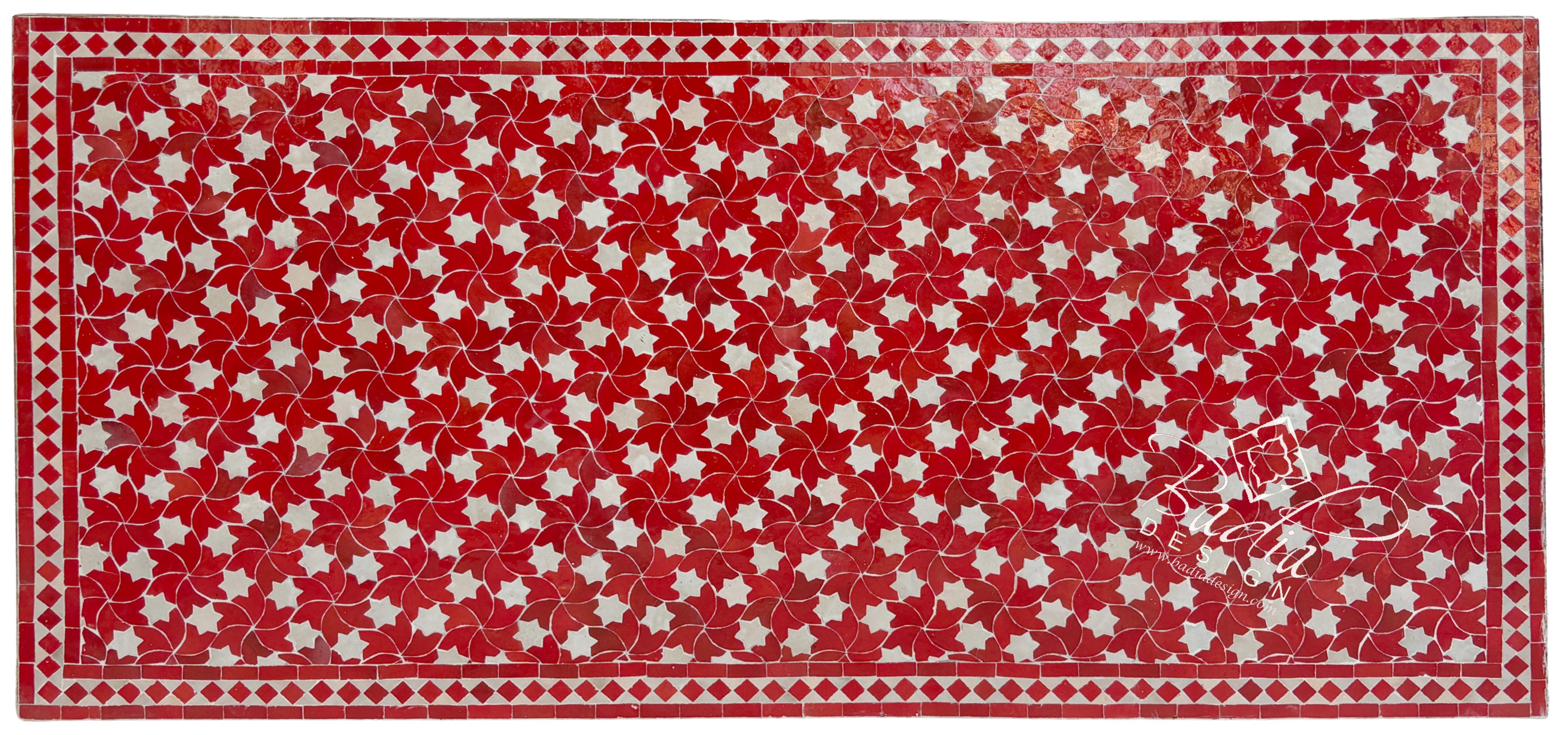 40"W x 80"L Red and White Intricate Rectangular Tile Table Top