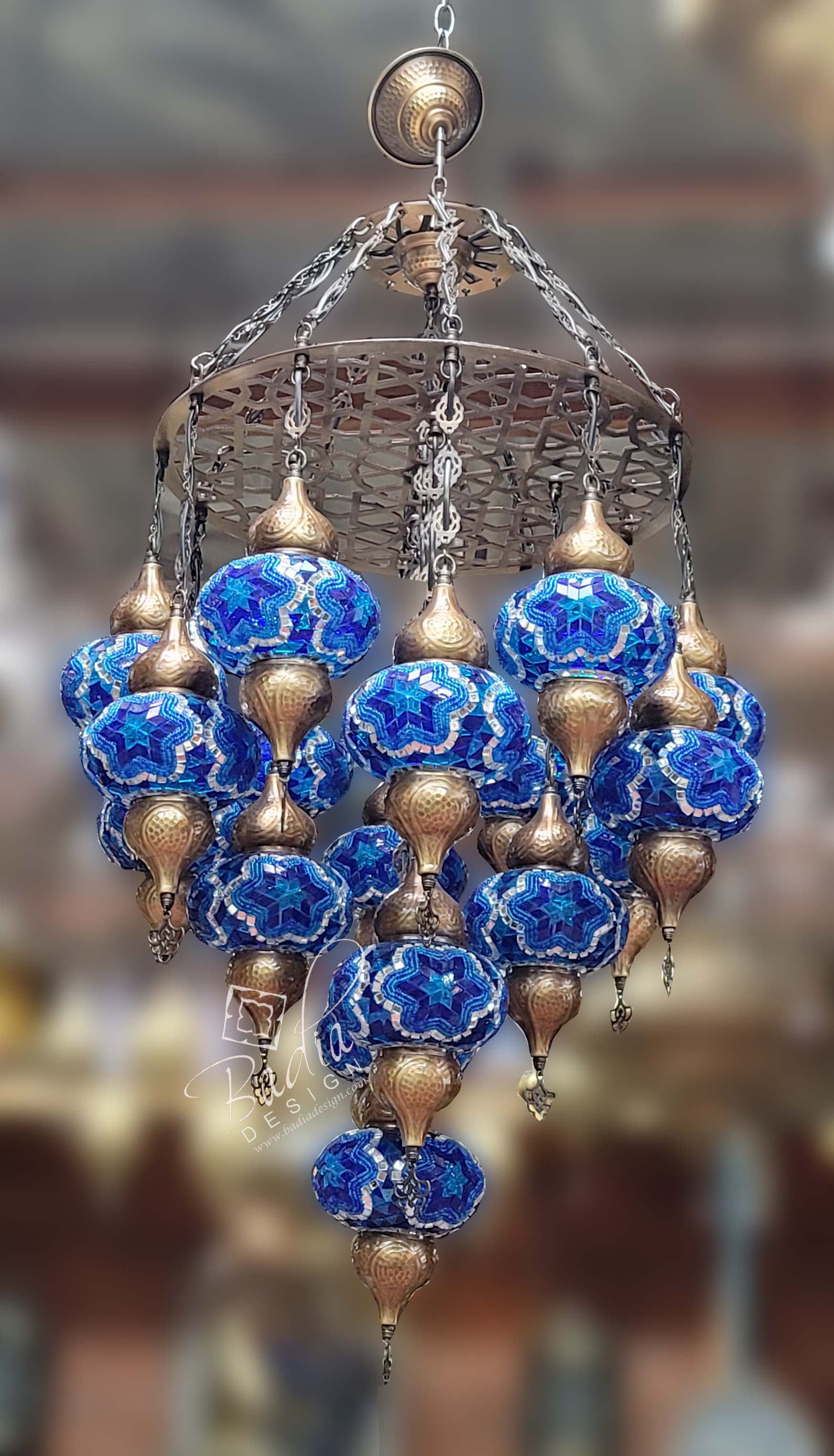 Turkish Style Chandelier with Blue Glass Globes
