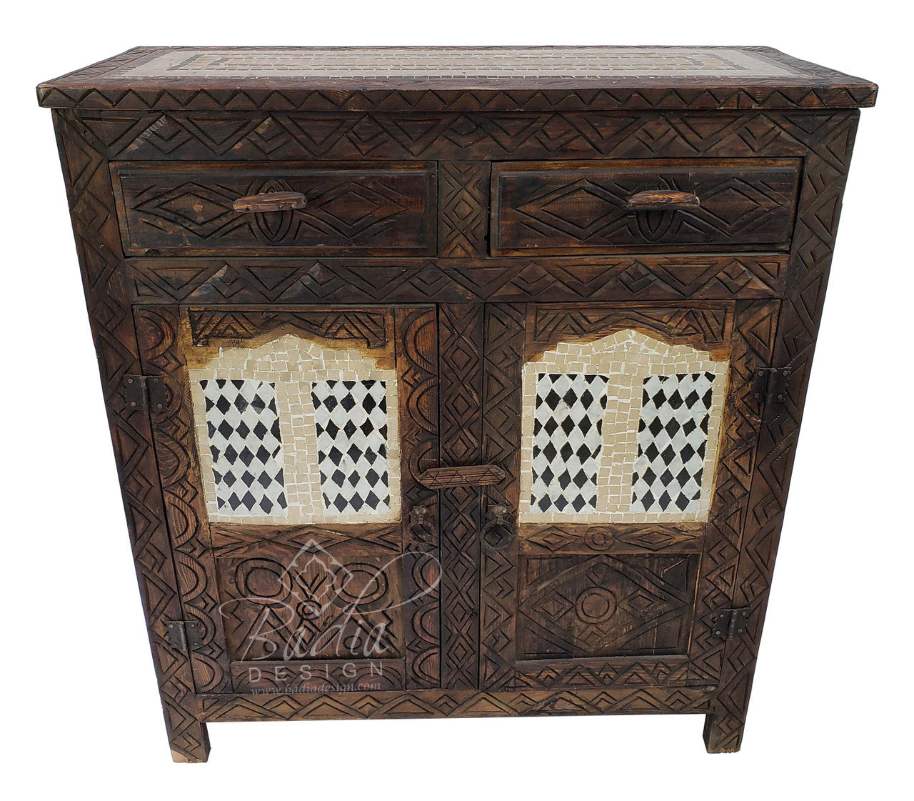 Vintage Hand Carved Wooden Cabinet With Tile Design