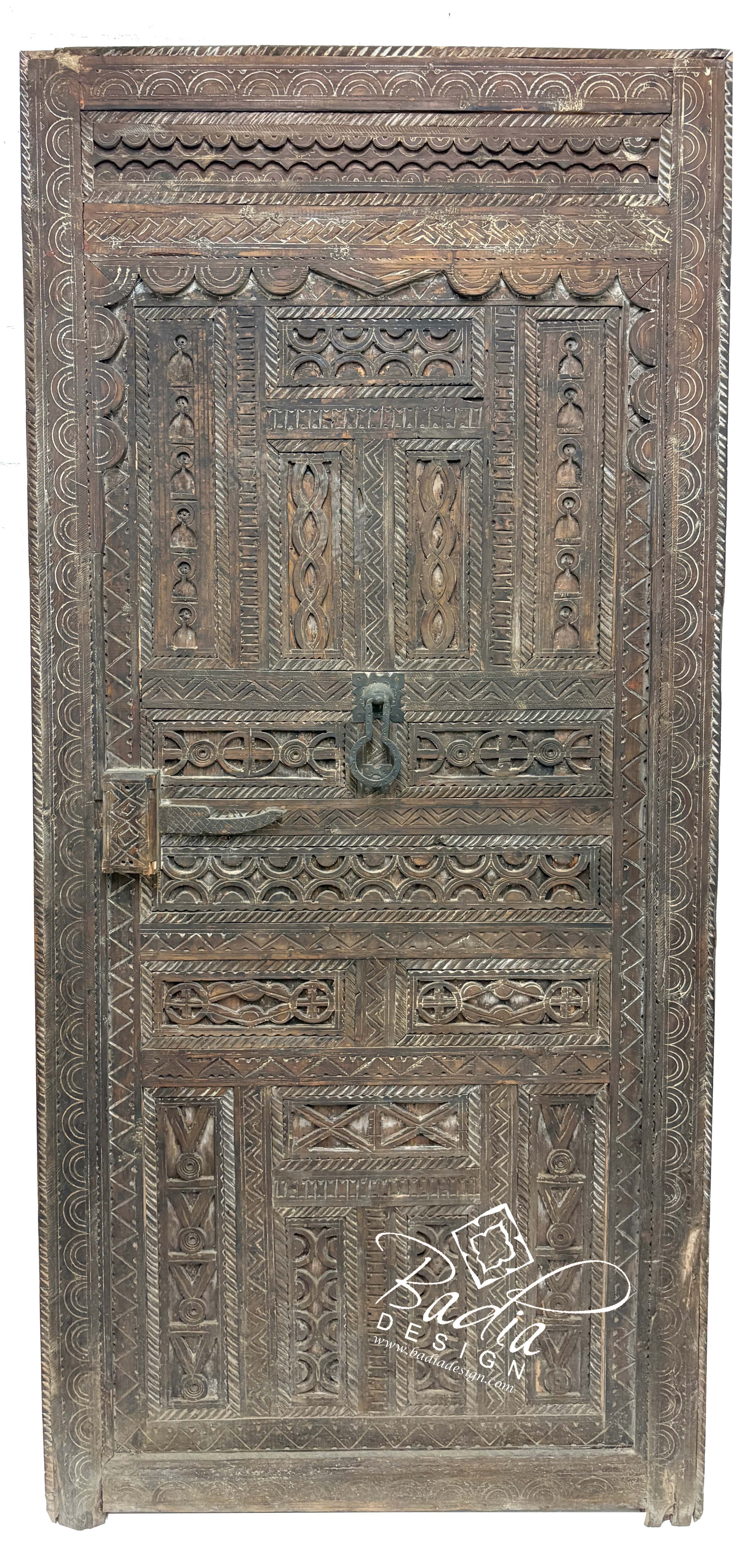 Vintage Moroccan Hand Carved Wooden Door with Geometric Designs