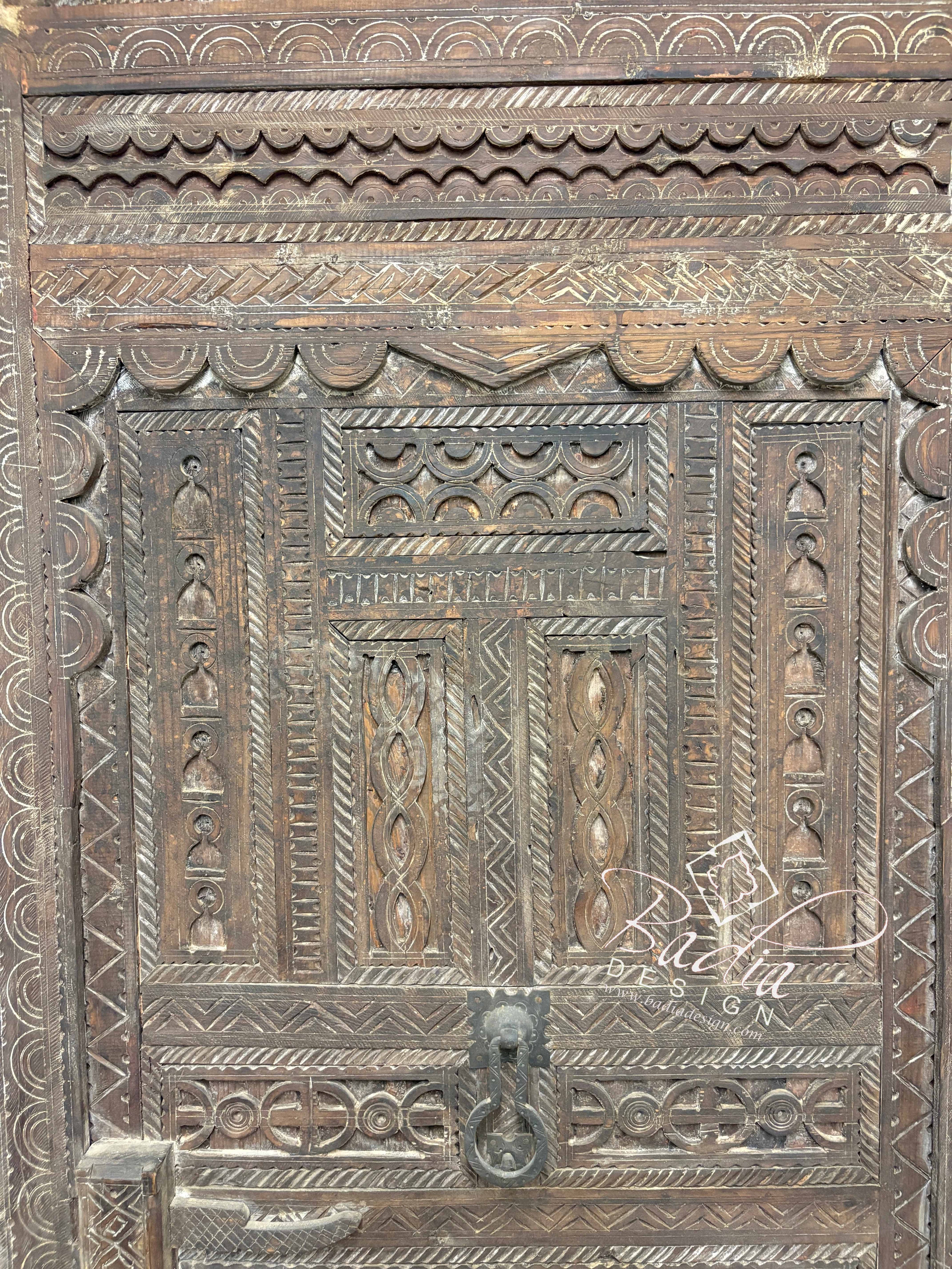 Vintage Hand Carved Wooden Door with Geometric Designs