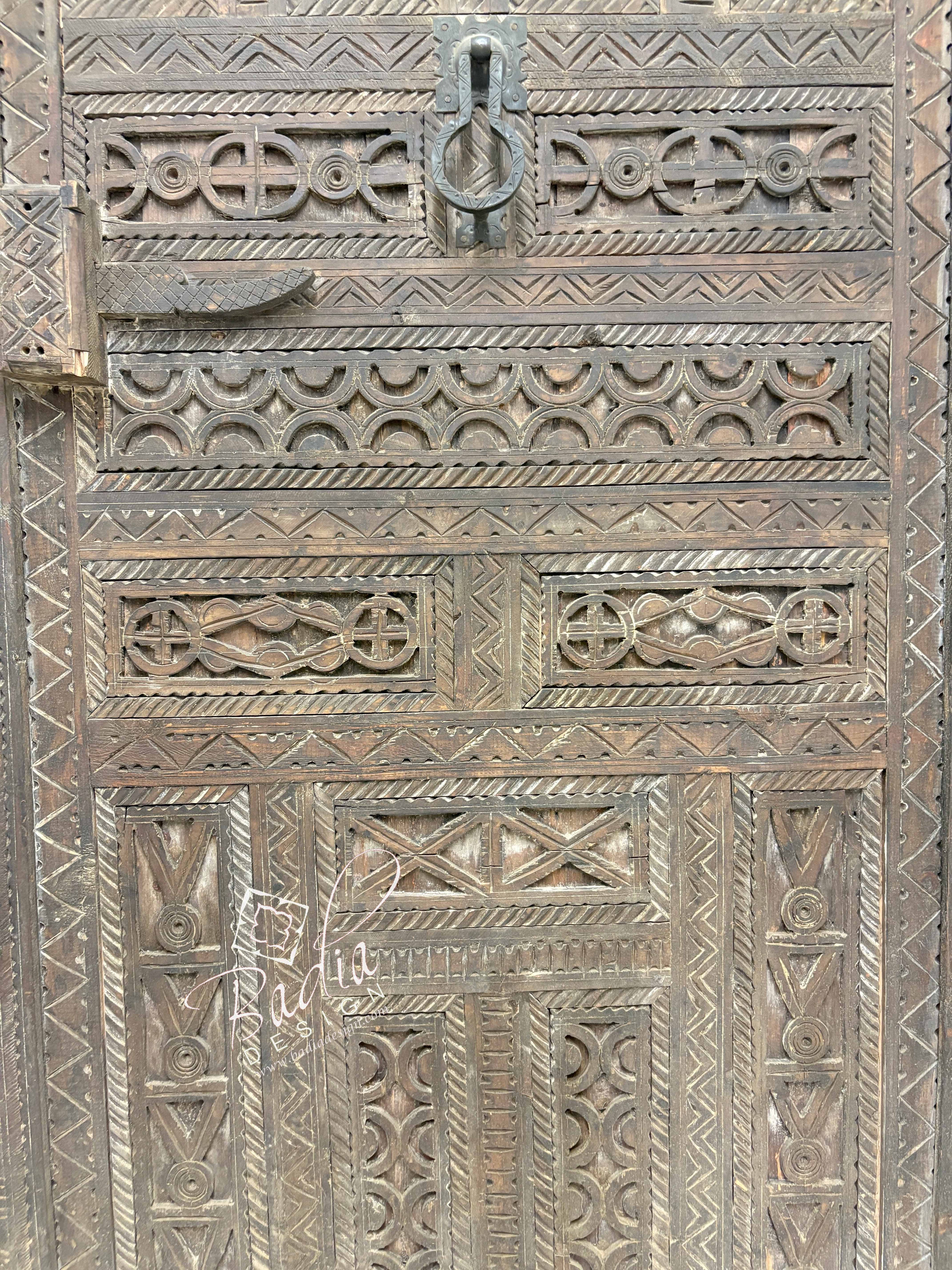 Vintage Hand Carved Wooden Door with Geometric Designs