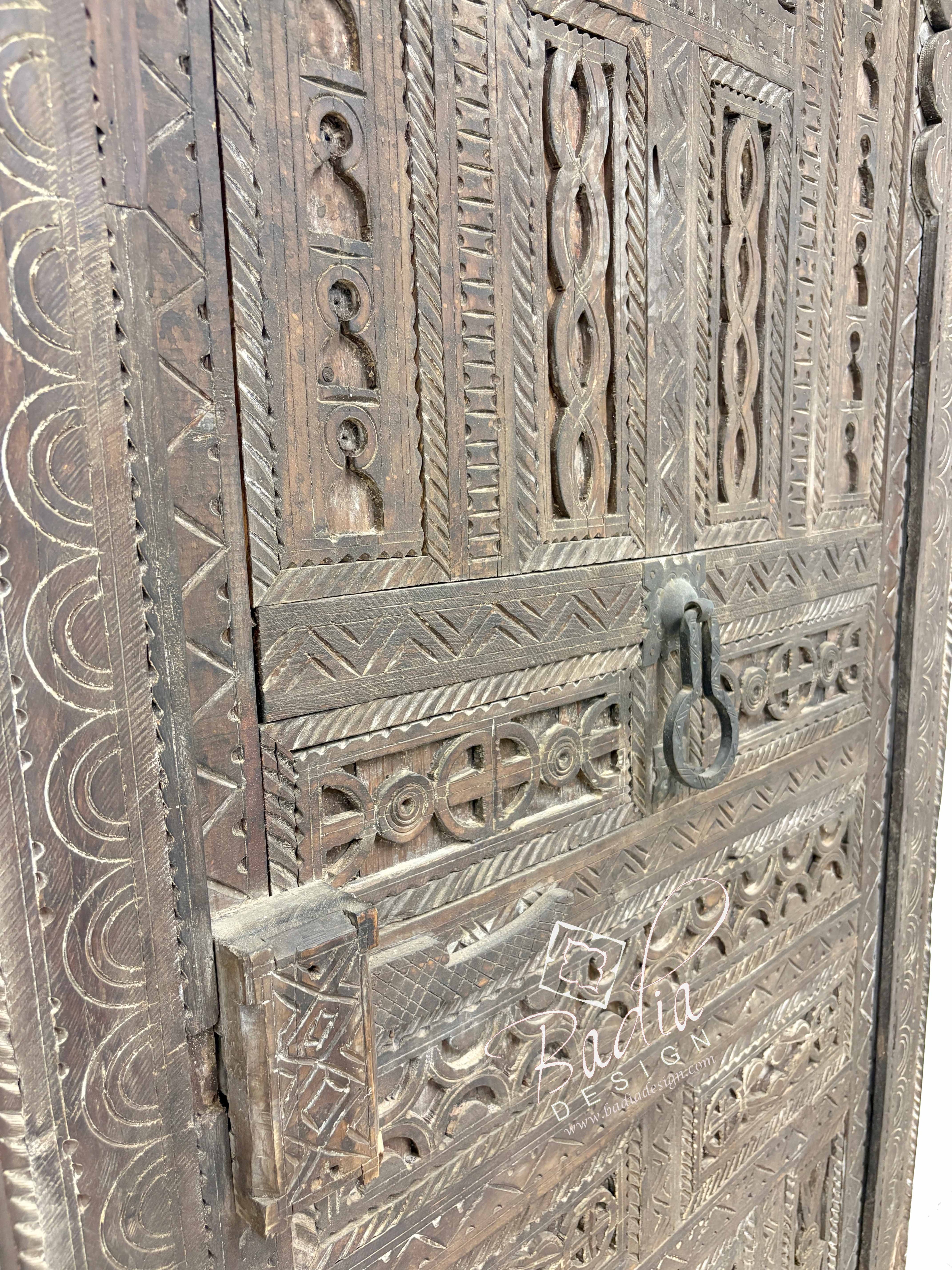 Vintage Hand Carved Wooden Door with Geometric Designs