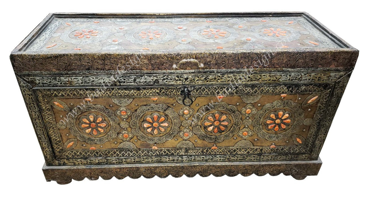 Vintage Embossed Metal and Orange Bone Inlay Trunk