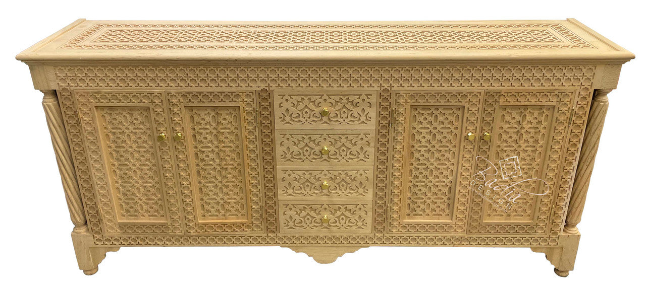 Unstained Hand Carved Wooden Cabinet