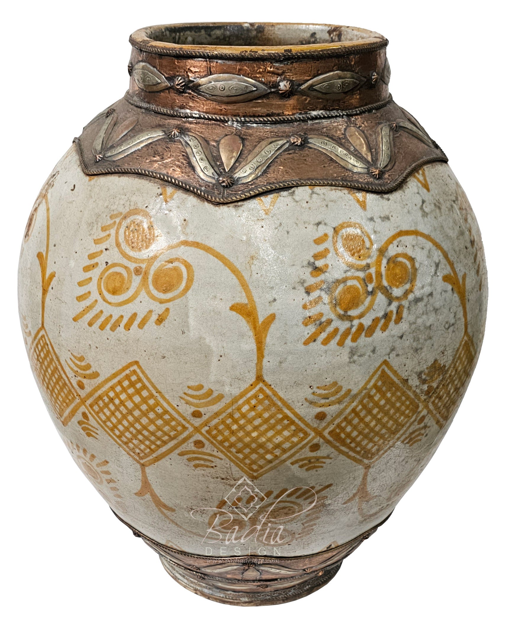 Yellow Hand Painted Metal and Ceramic Urn