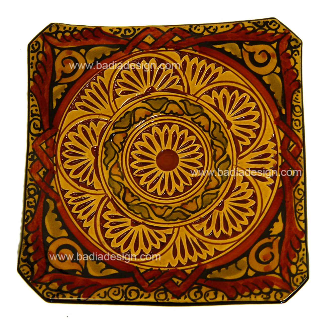 Yellow Hand Painted Carved Ceramic Square Plate