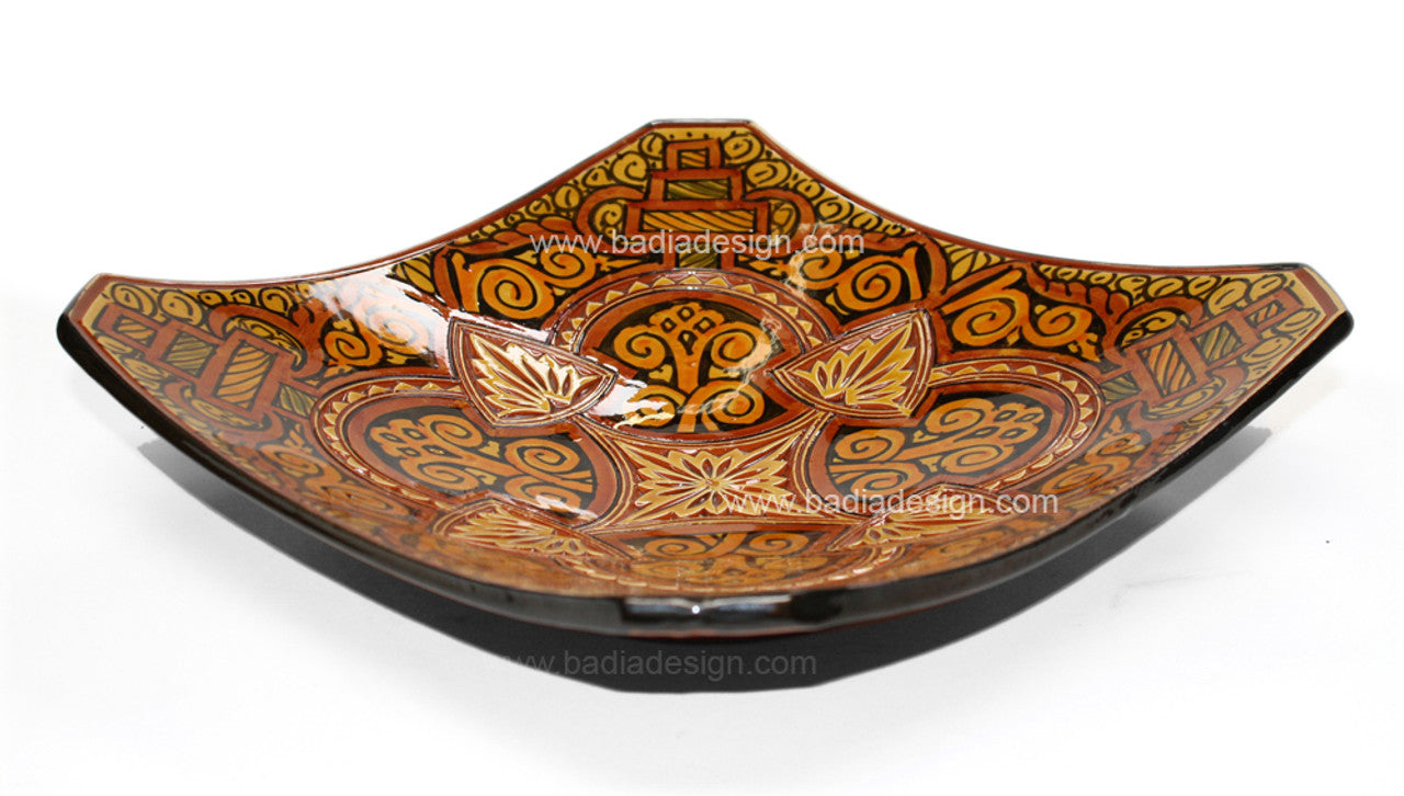 Yellow Hand Painted Carved Ceramic Square Plate