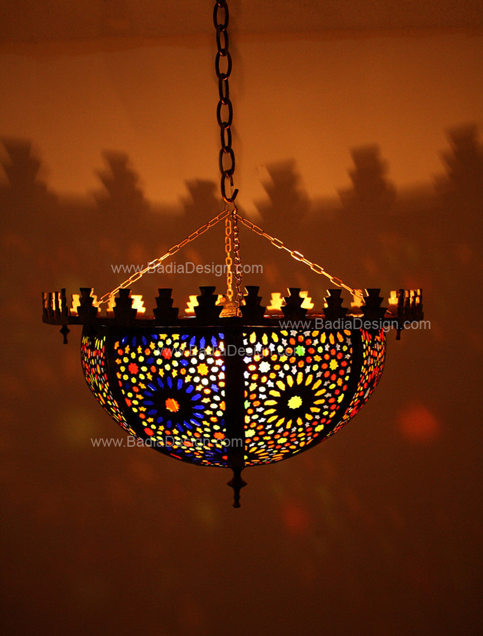 Brass with Multi Color Glass Inverted Bowl Chandelier