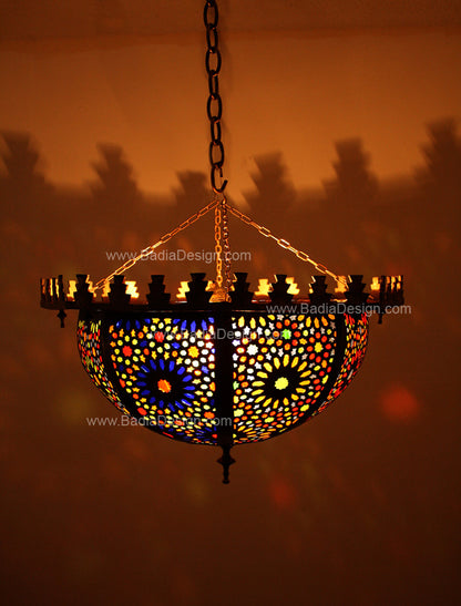 Brass with Multi Color Glass Inverted Bowl Chandelier