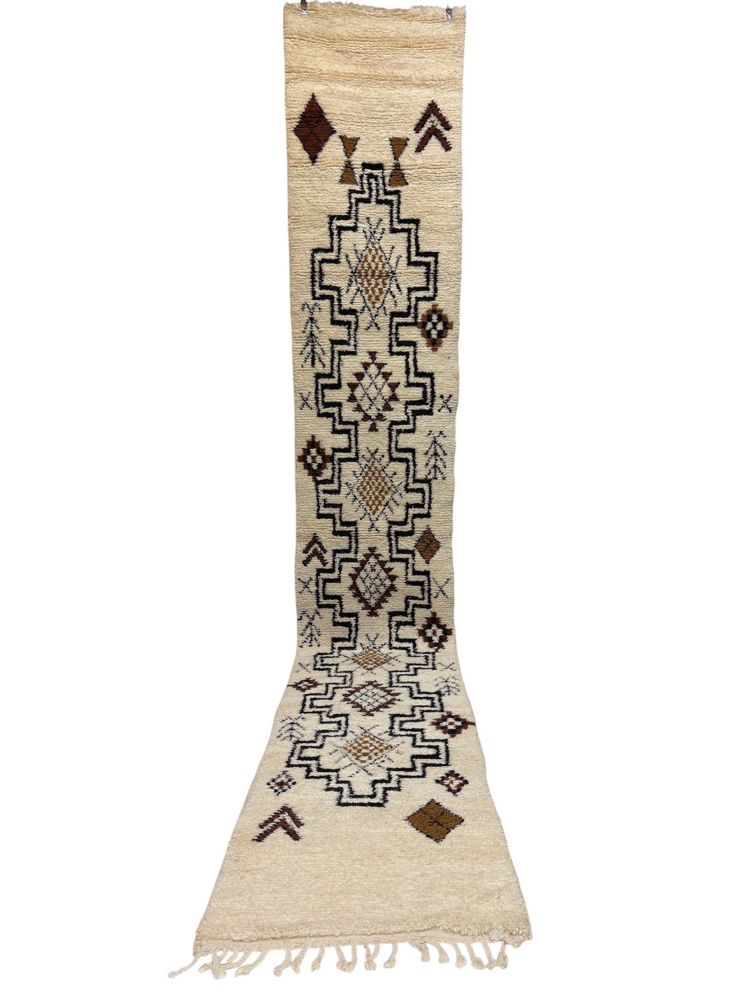 Beni Ourain Moroccan Runner in Ivory Wool with Stepped Black Medallion