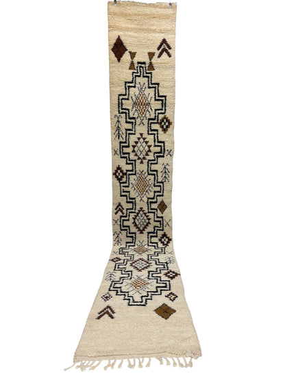 Beni Ourain Moroccan Runner in Ivory Wool with Stepped Black Medallion