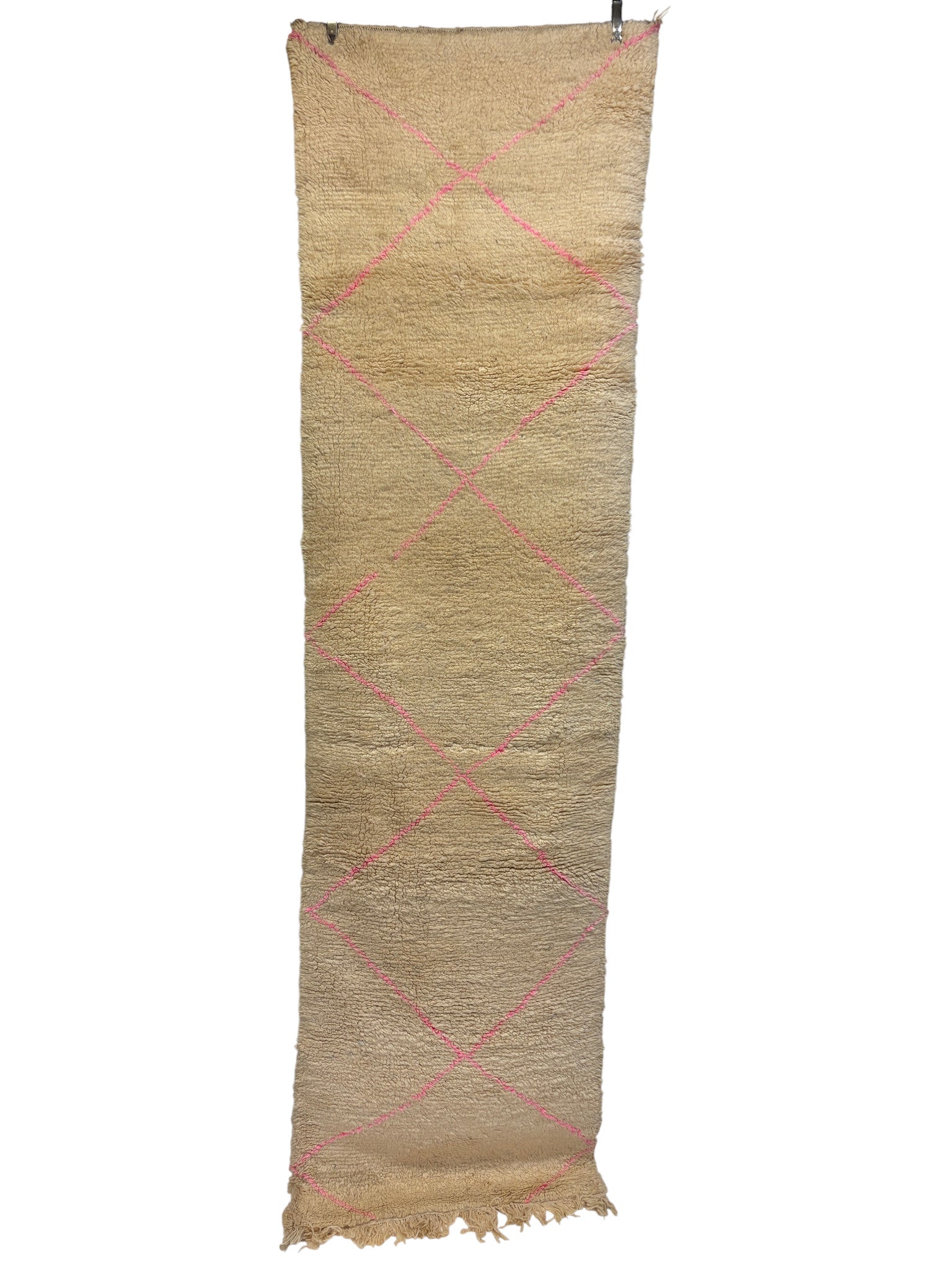 Beni Ourain Moroccan Runner in Ivory Wool with Pink Diamond Lattice