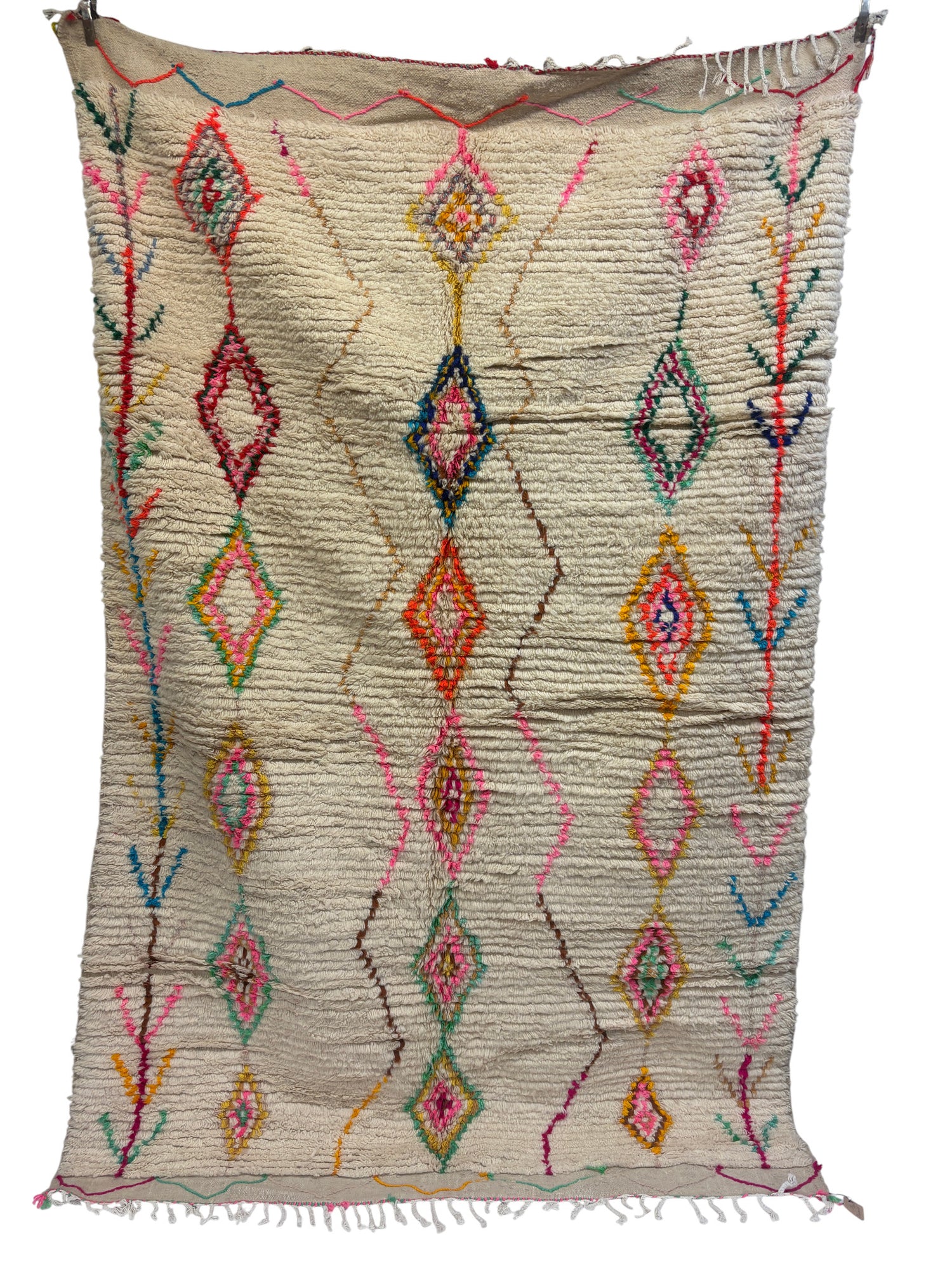 Vintage Azilal Moroccan Rug in Ivory Wool with Polychrome Diamond Columns