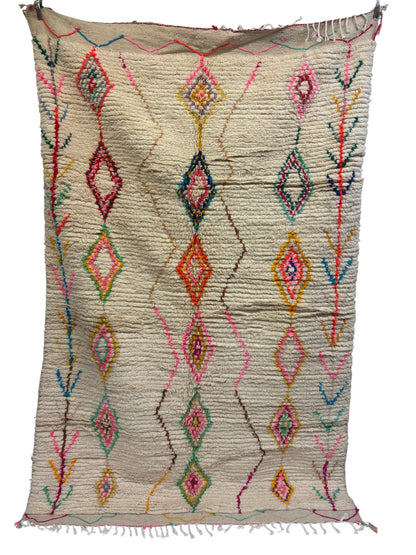 Vintage Azilal Moroccan Rug in Ivory Wool with Polychrome Diamond Columns