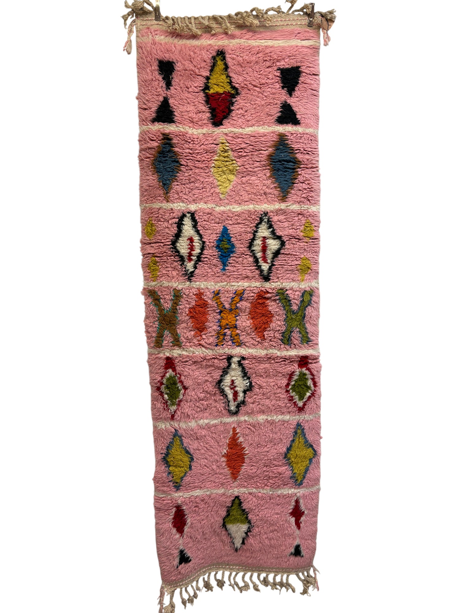 Azilal Moroccan Runner in Pink Wool with Polychrome Diamond