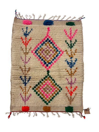 Handwoven Azilal Berber Accent Rug in Ivory Wool with Diamonds and Tribal Glyphs