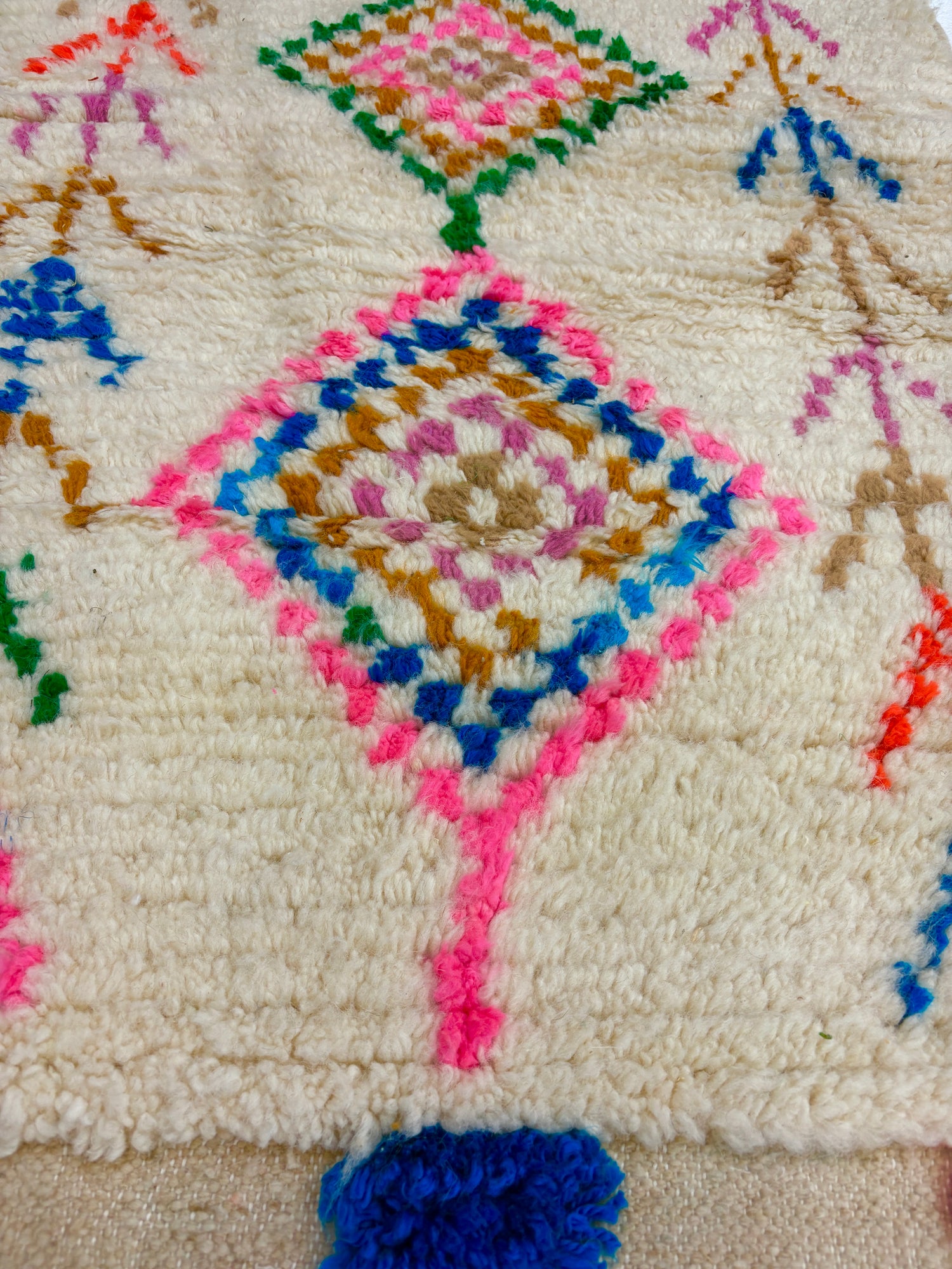 Handwoven Azilal Berber Accent Rug in Ivory Wool with Diamonds and Tribal Glyphs