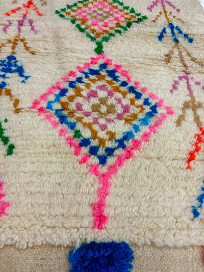 Handwoven Azilal Berber Accent Rug in Ivory Wool with Diamonds and Tribal Glyphs