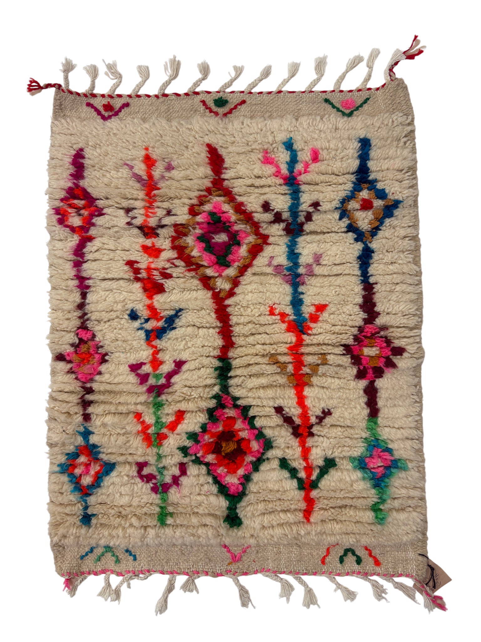 Handwoven Azilal Berber Accent Rug in Ivory Wool with Wildflower Tree-of-Life Glyphs
