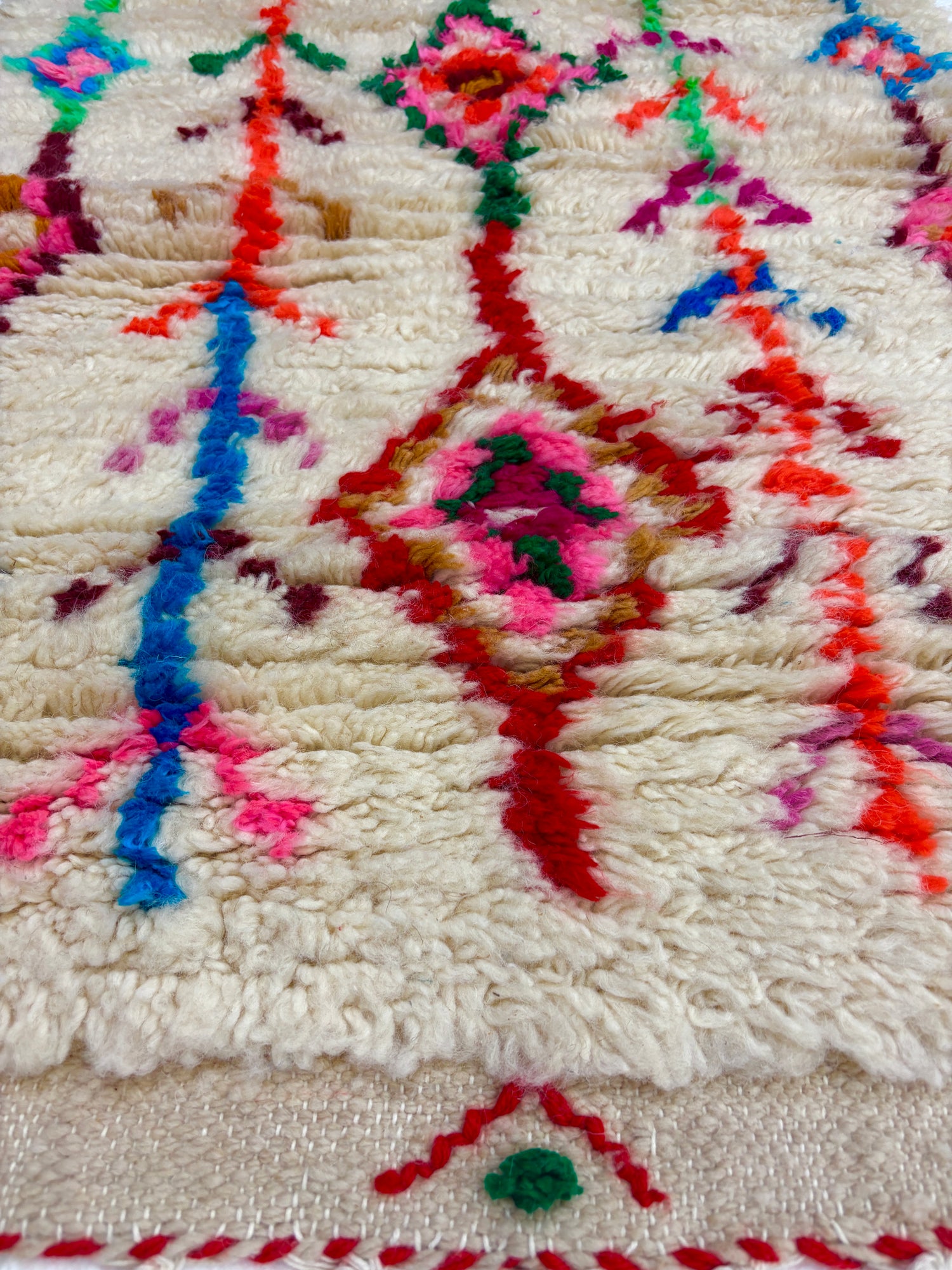 Handwoven Azilal Berber Accent Rug in Ivory Wool with Wildflower Tree-of-Life Glyphs