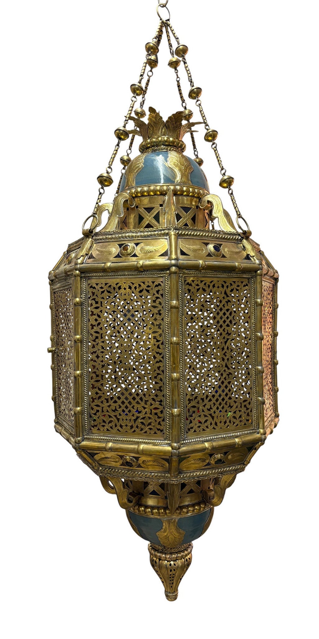 Ornate Filigree Brass and Ceramic Inlay Chandelier