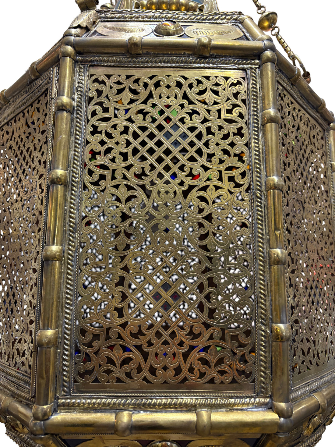 Ornate Filigree Brass and Ceramic Inlay Chandelier