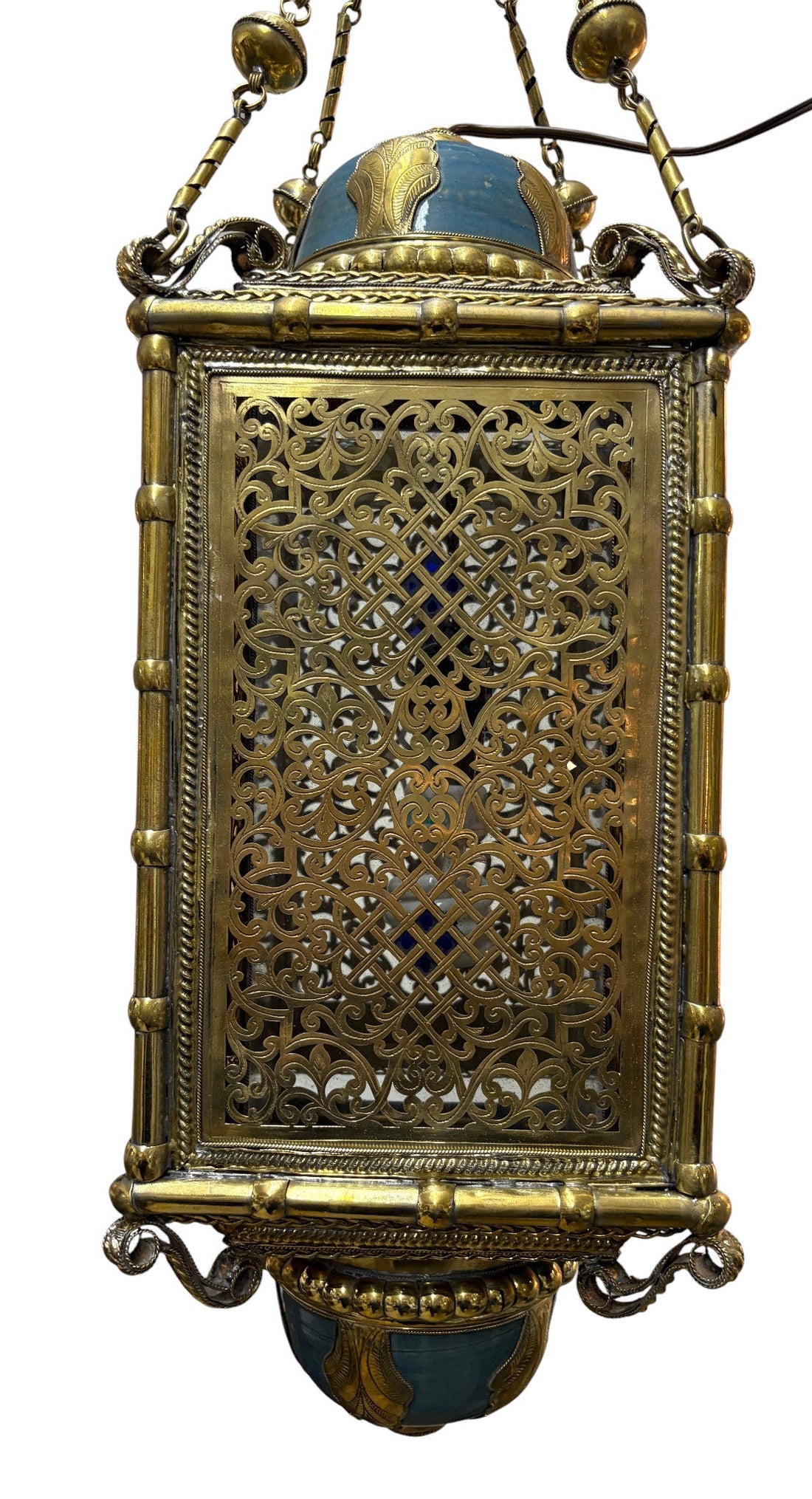 Ornate Filigree Brass and Ceramic Inlay Lamp