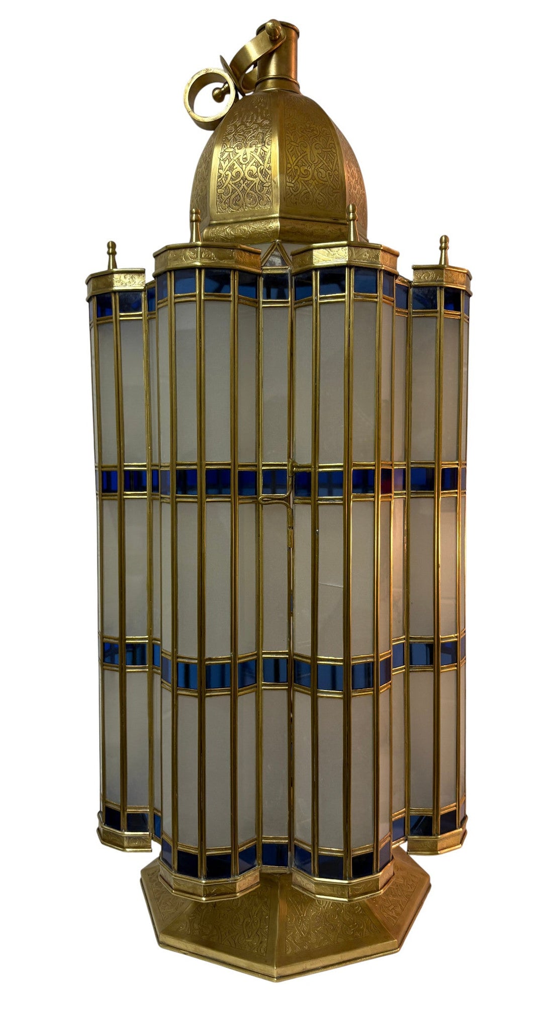 Large Blue and White Glass Brass Lantern