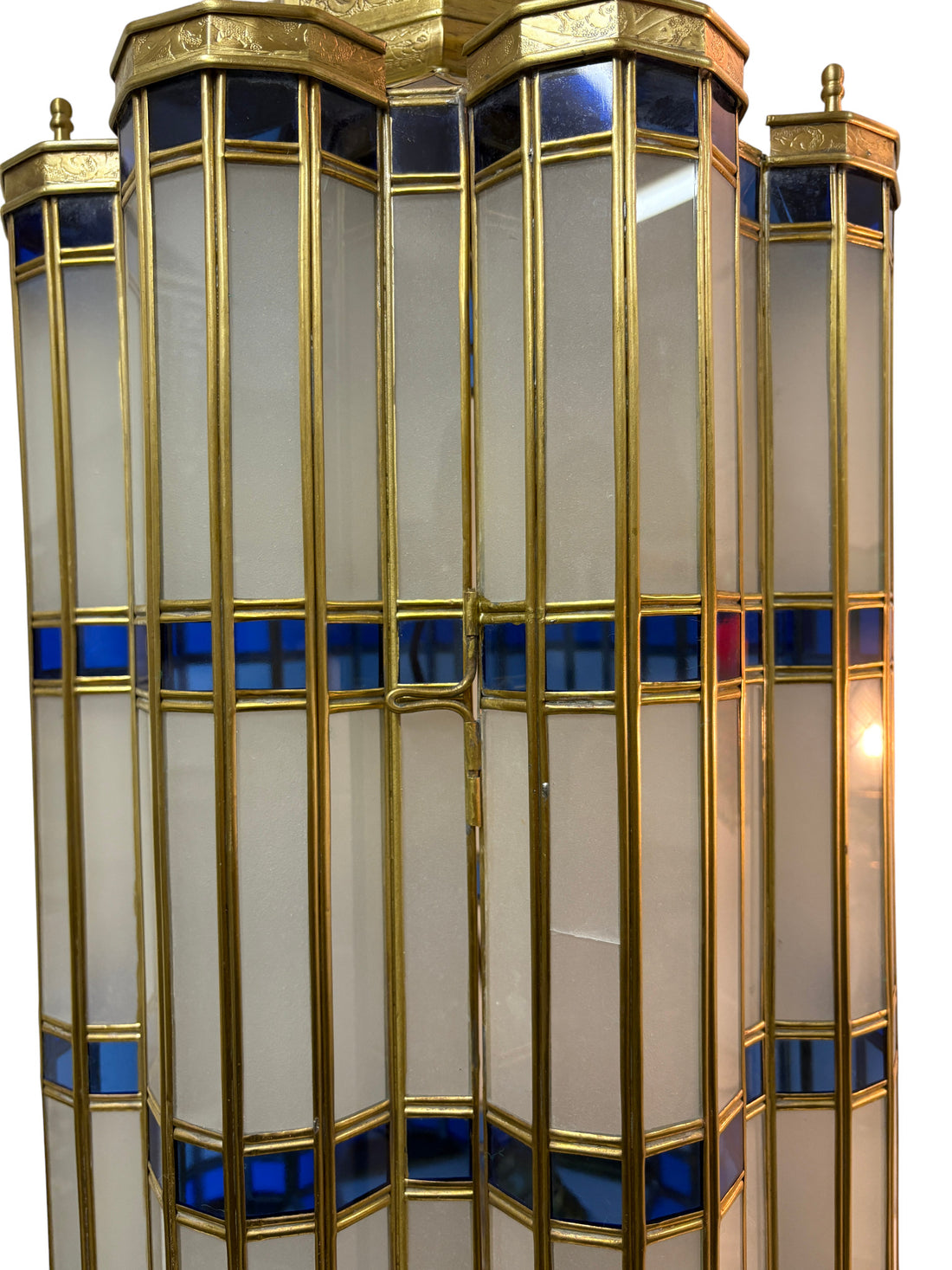 Large Blue and White Glass Brass Lantern