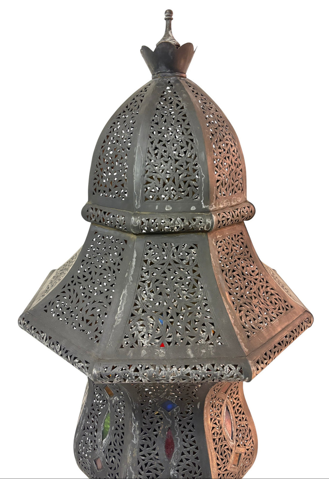 Tall Intricate Standing Patina Brass Lantern