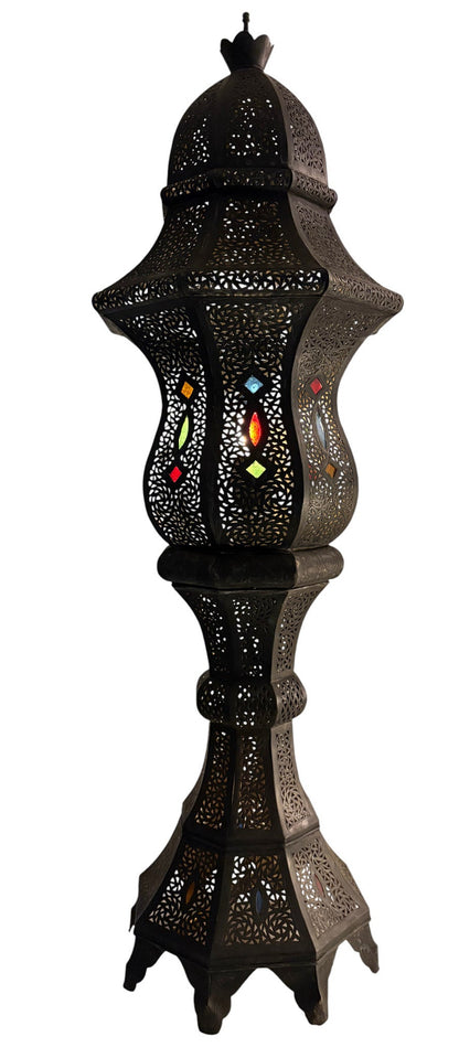 Tall Intricate Standing Patina Brass Lantern