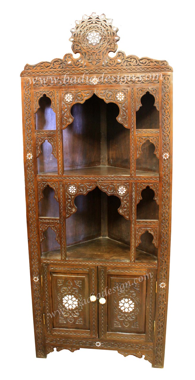Moroccan Carved Wood Bone Inlay Corner Bookshelf